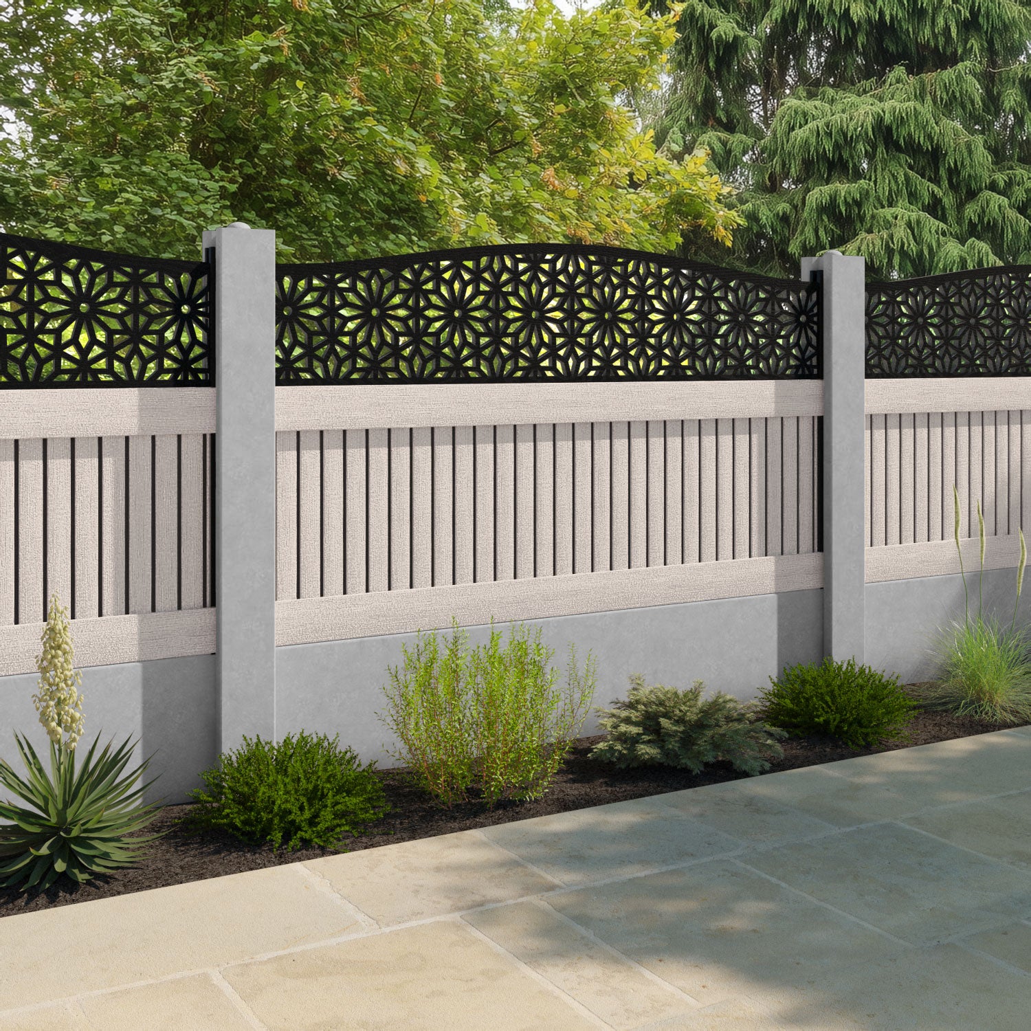 Virtis Narwa Curved Top Fence Panel - Mid Stone - for existing concrete posts