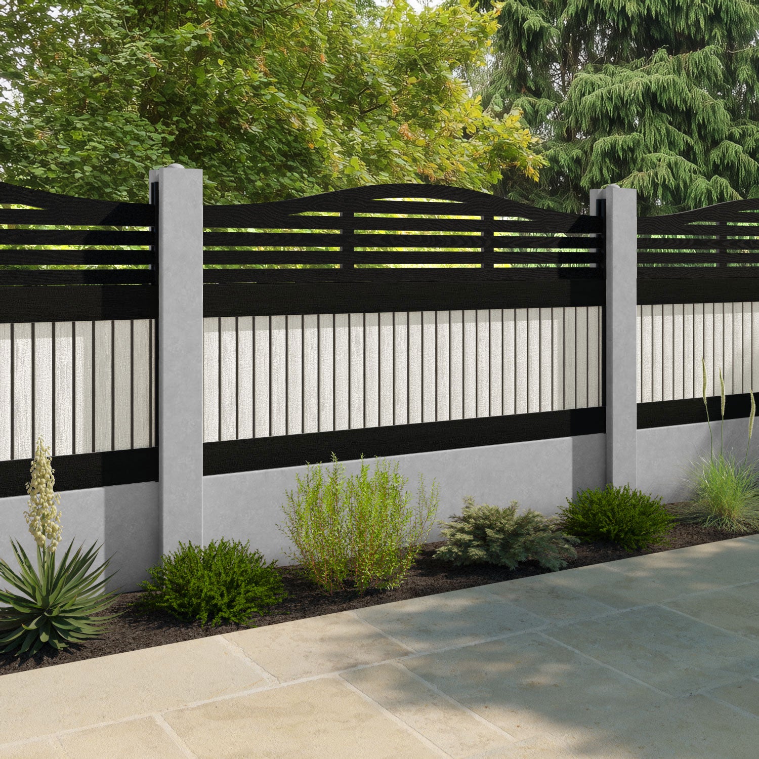 Virtis Aspen Curved Top Fence Panel - Light Stone - for existing concrete posts