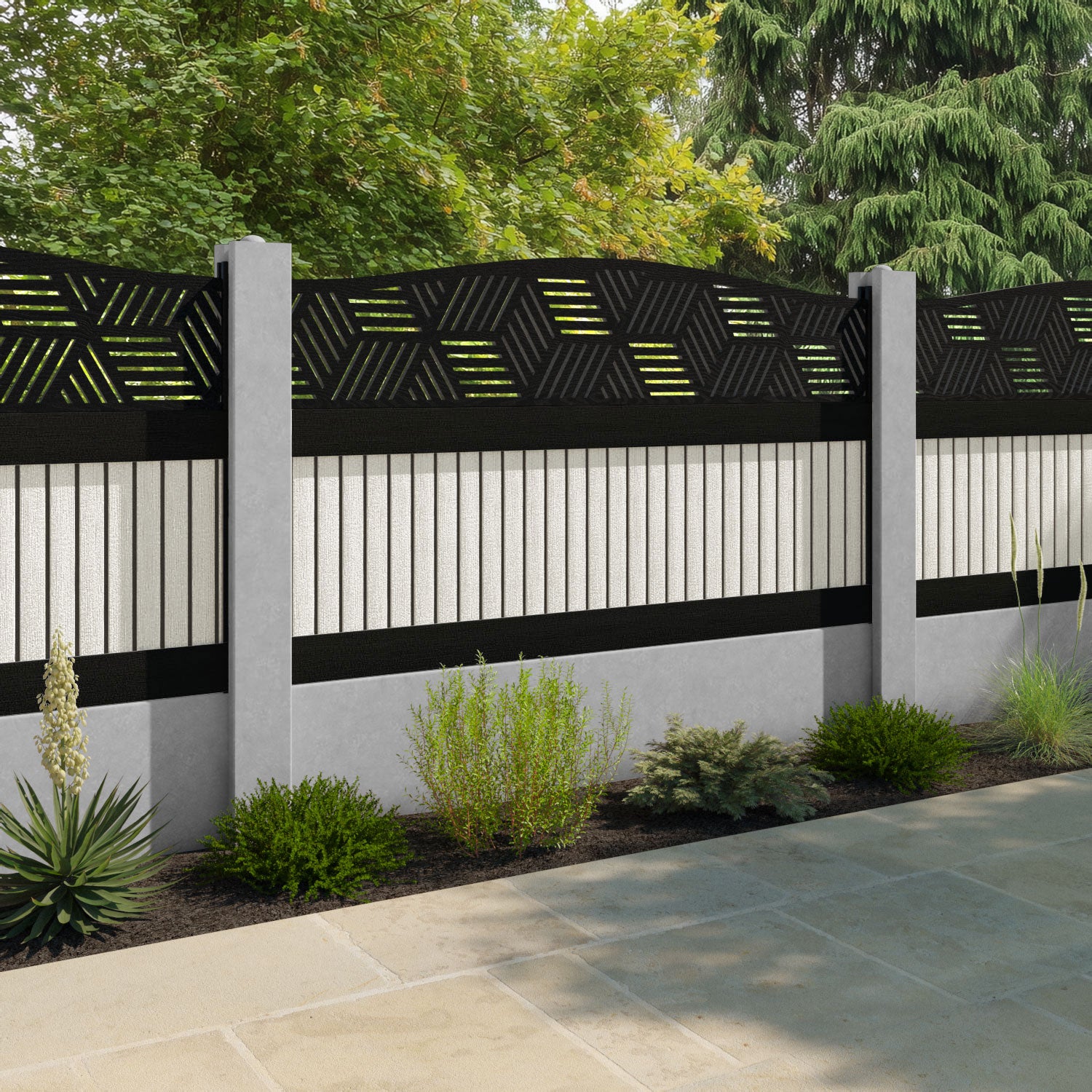 Virtis Cubed Curved Top Fence Panel - Light Stone - for existing concrete posts