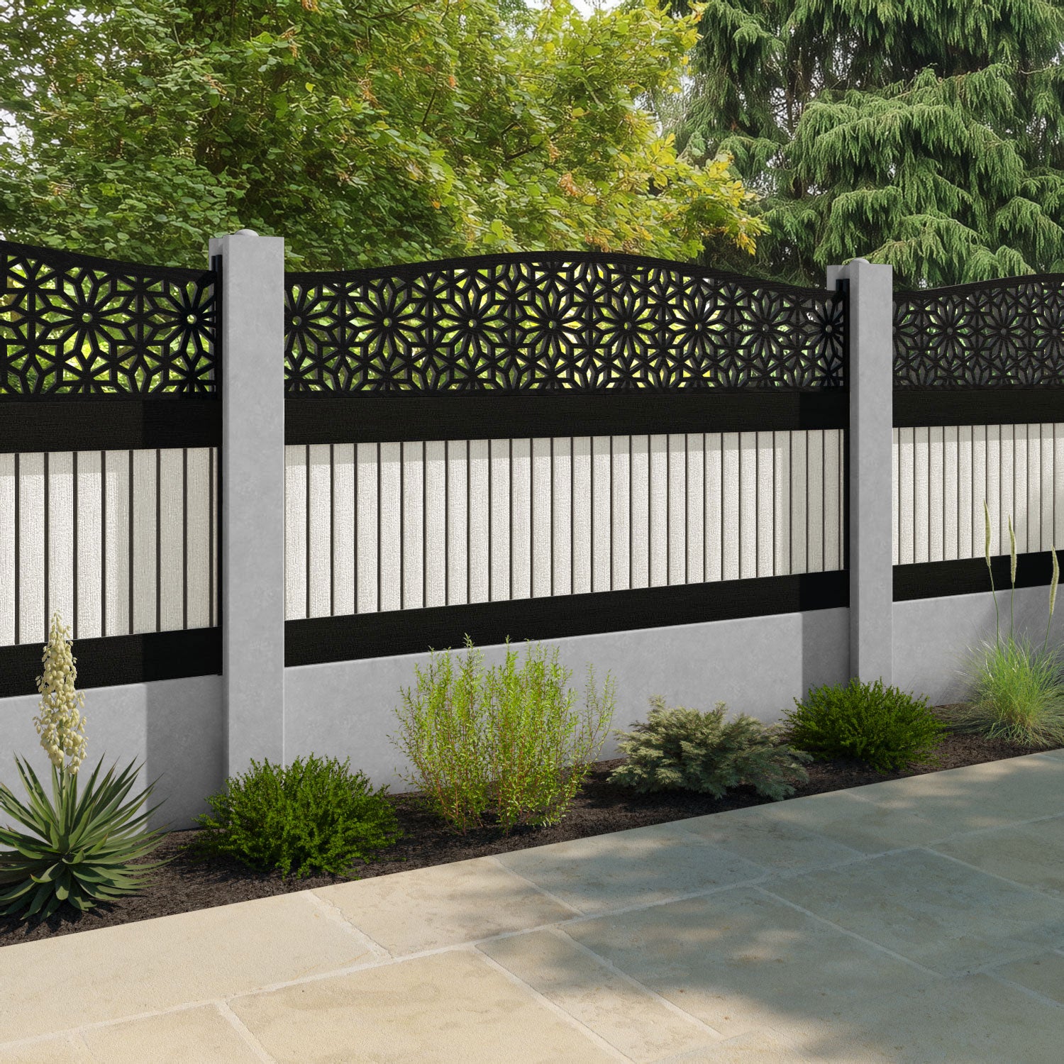 Virtis Narwa Curved Top Fence Panel - Light Stone - for existing concrete posts