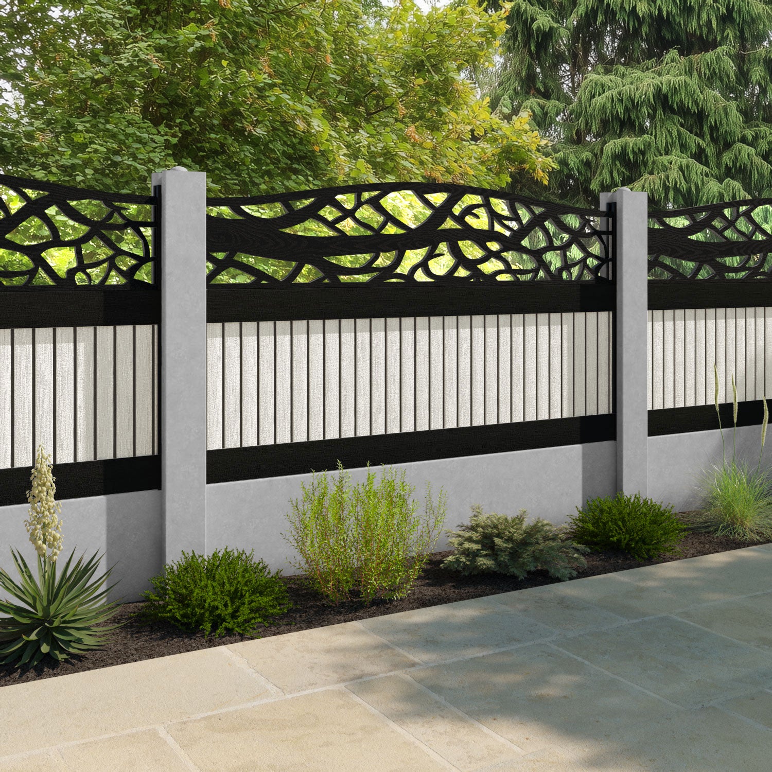 Virtis Twilight Curved Top Fence Panel - Light Stone - for existing concrete posts