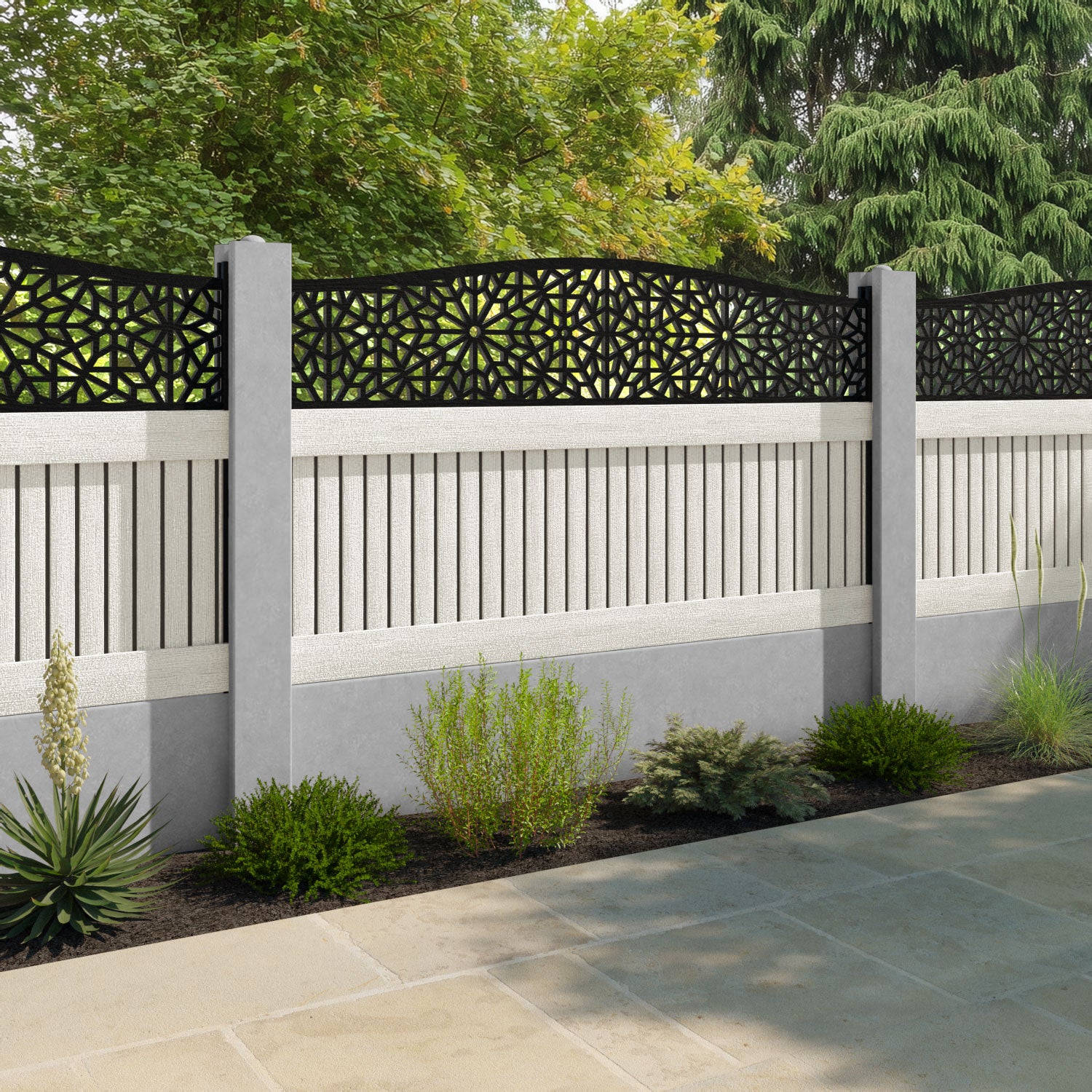 Virtis Alnara Curved Top Fence Panel - Light Stone - for existing concrete posts