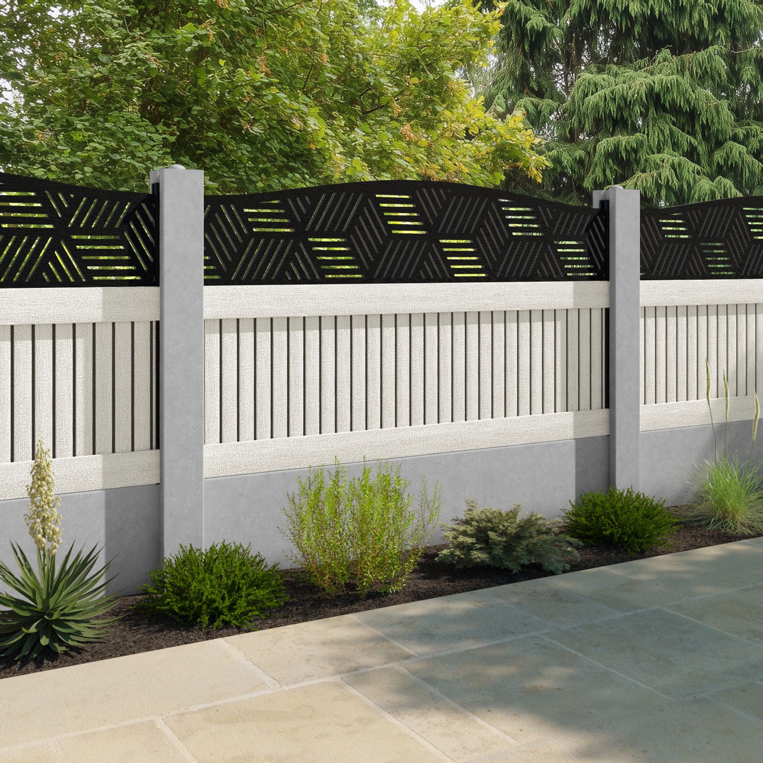 Virtis Cubed Curved Top Fence Panel - Light Stone - for existing concrete posts
