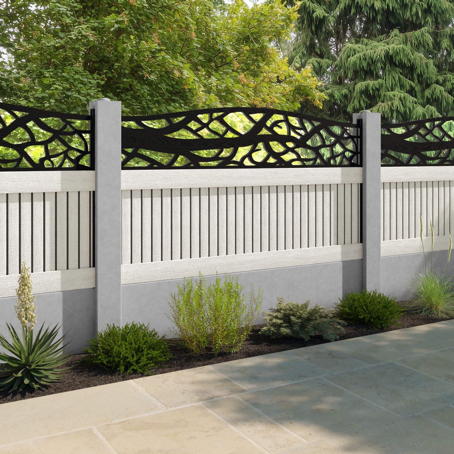 Virtis Twilight Curved Top Fence Panel - Light Stone - for existing concrete posts