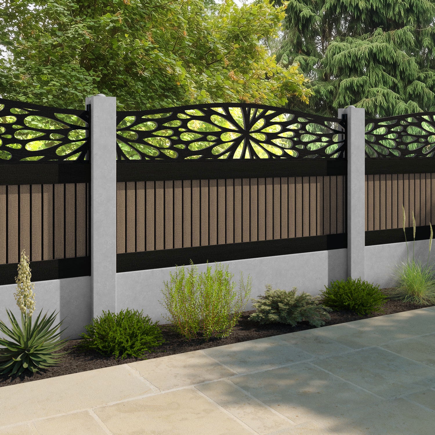 Virtis Blossom Curved Top Fence Panel - Teak - for existing concrete posts