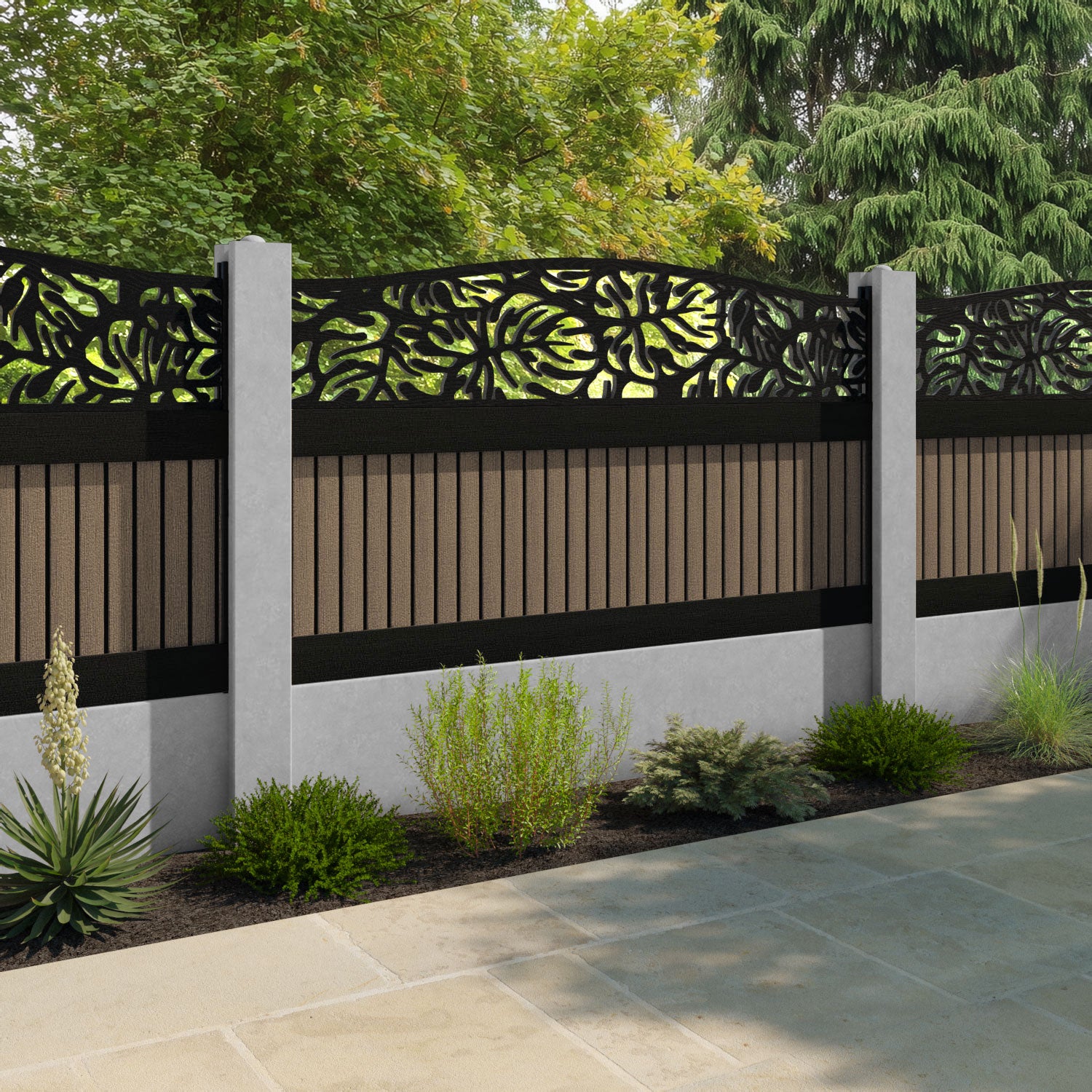 Virtis Botanic Curved Top Fence Panel - Teak - for existing concrete posts
