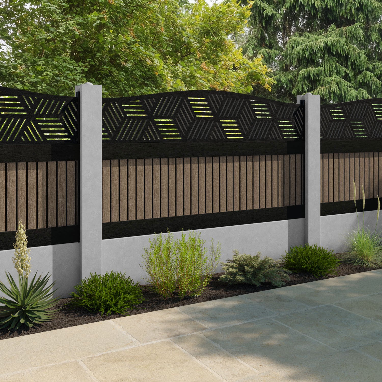 Virtis Cubed Curved Top Fence Panel - Teak - for existing concrete posts