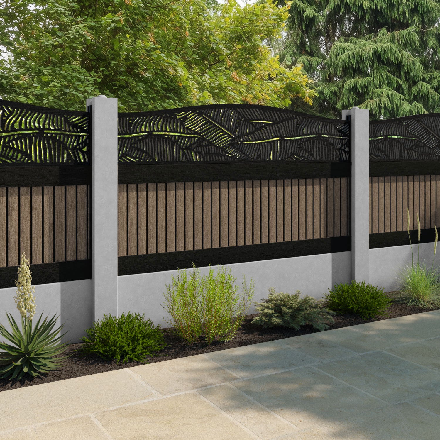 Virtis Feather Curved Top Fence Panel - Teak - for existing concrete posts