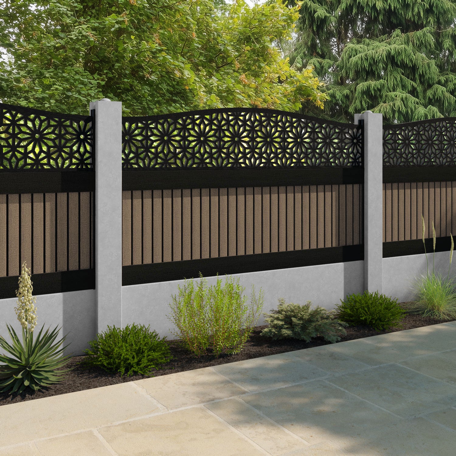 Virtis Narwa Curved Top Fence Panel - Teak - for existing concrete posts