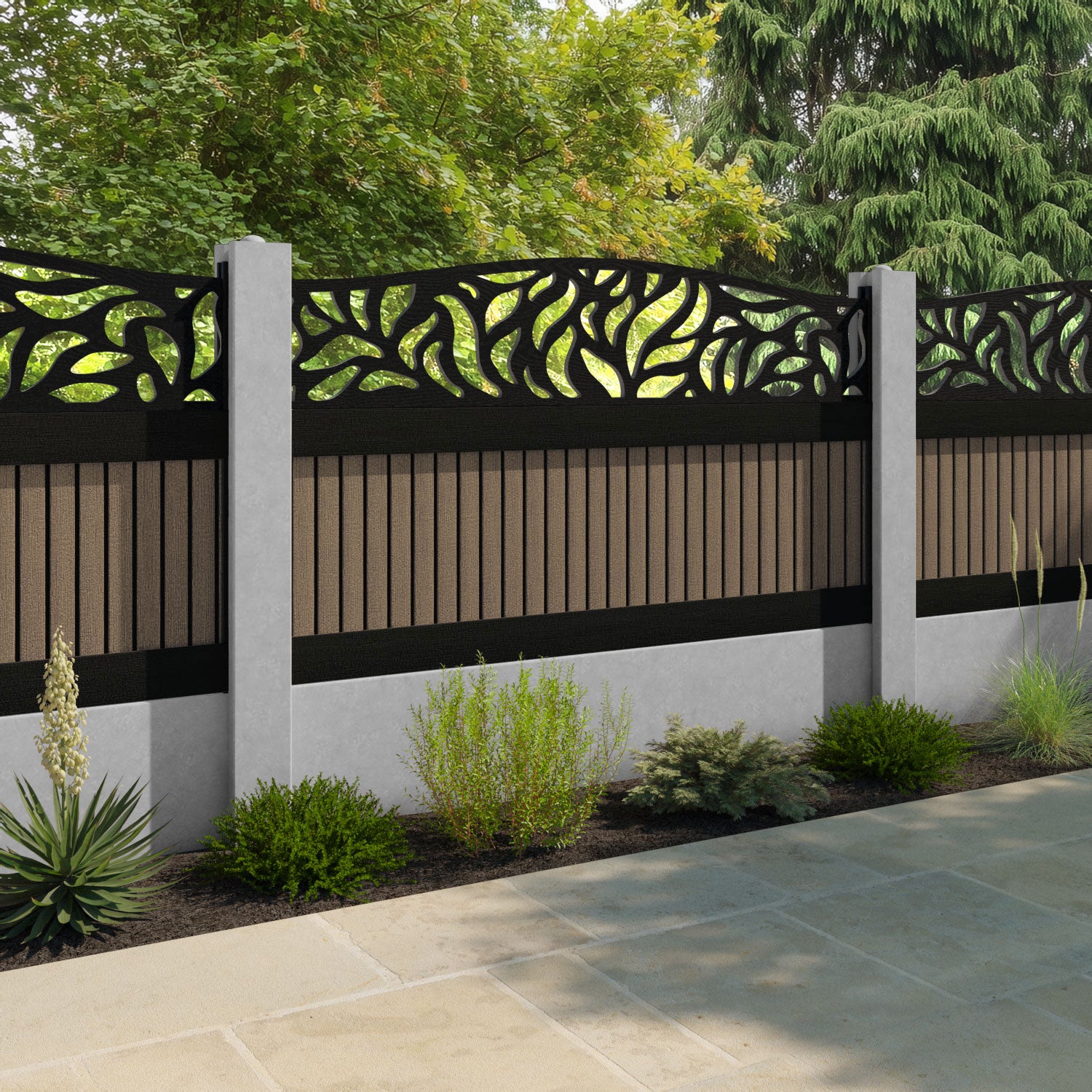 Virtis Plume Curved Top Fence Panel - Teak - for existing concrete posts