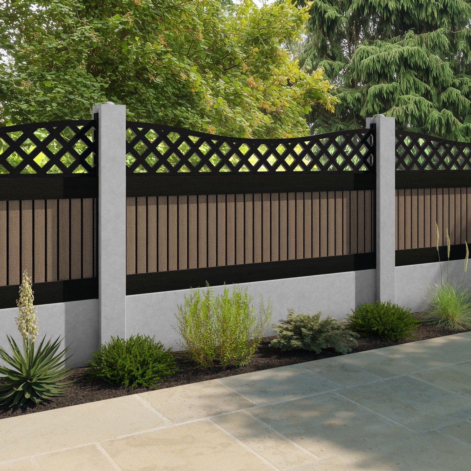 Virtis Low Wave Fence Panel - Teak - for existing concrete posts