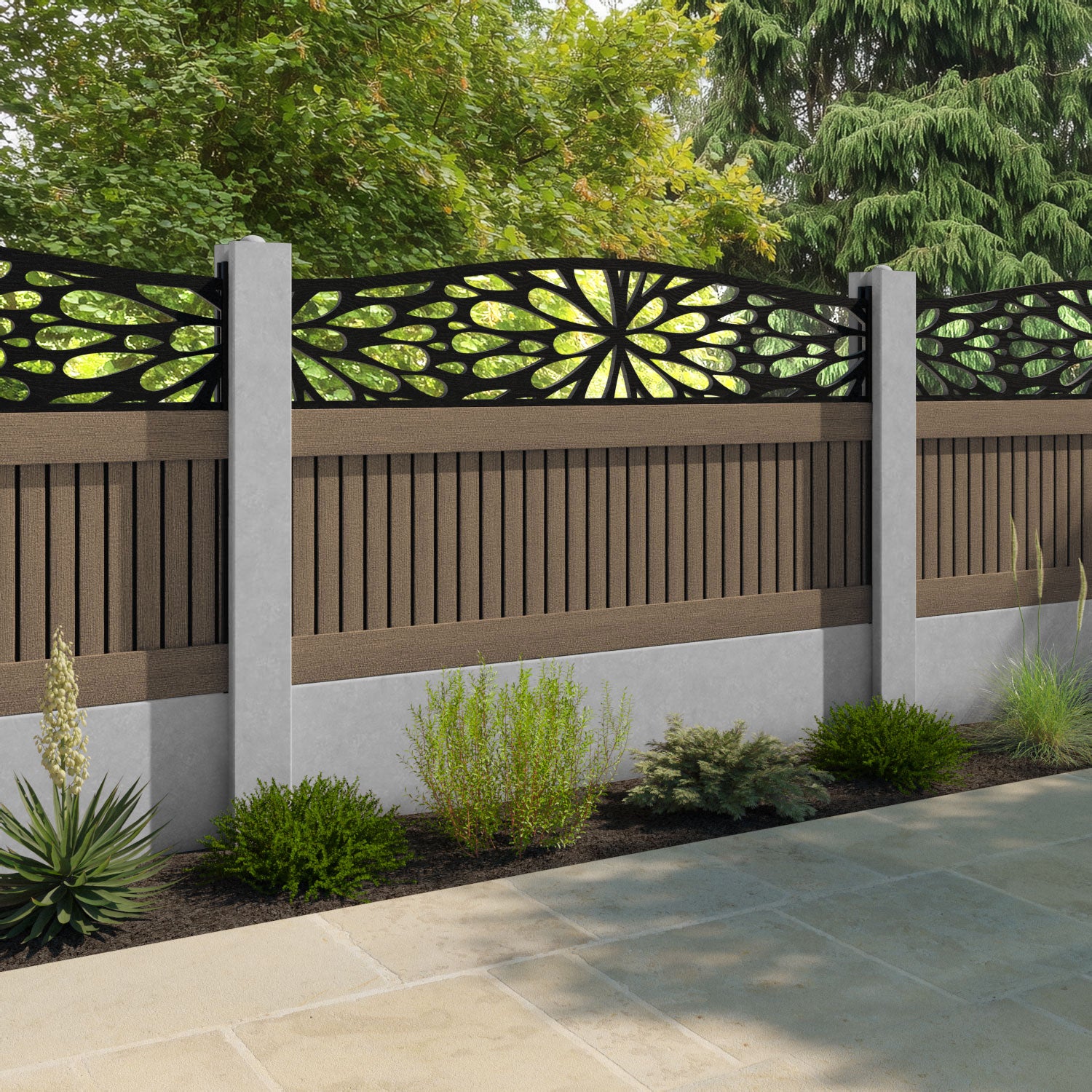 Virtis Blossom Curved Top Fence Panel - Teak - for existing concrete posts