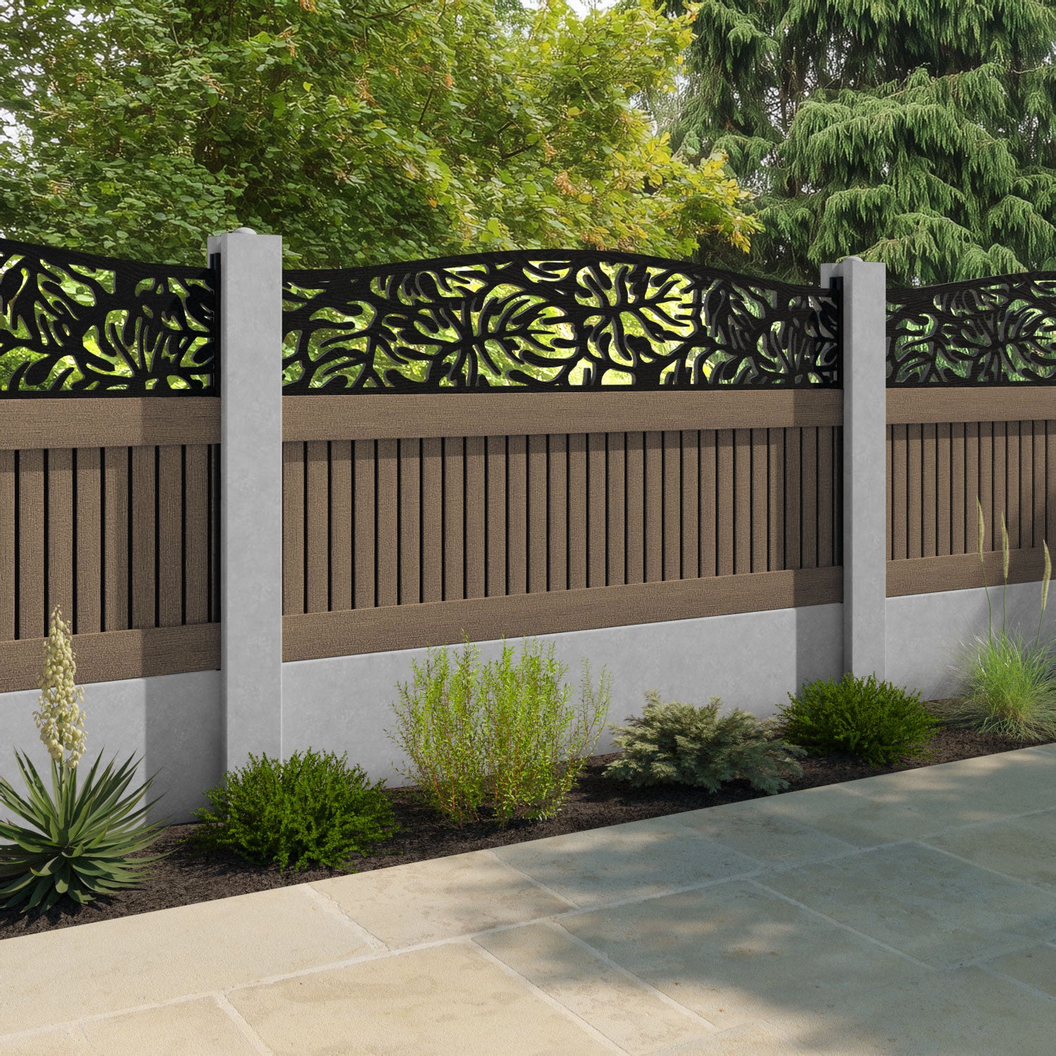 Virtis Botanic Curved Top Fence Panel - Teak - for existing concrete posts