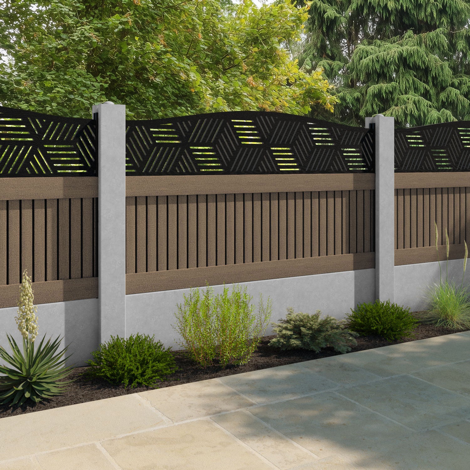 Virtis Cubed Curved Top Fence Panel - Teak - for existing concrete posts