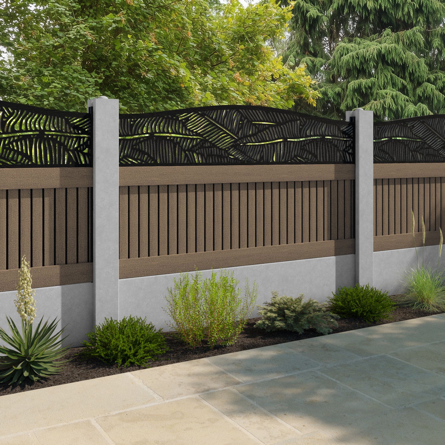 Virtis Feather Curved Top Fence Panel - Teak - for existing concrete posts