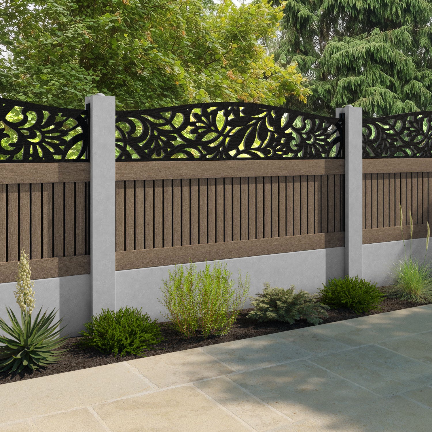 Virtis Heritage Curved Top Fence Panel - Teak - for existing concrete posts