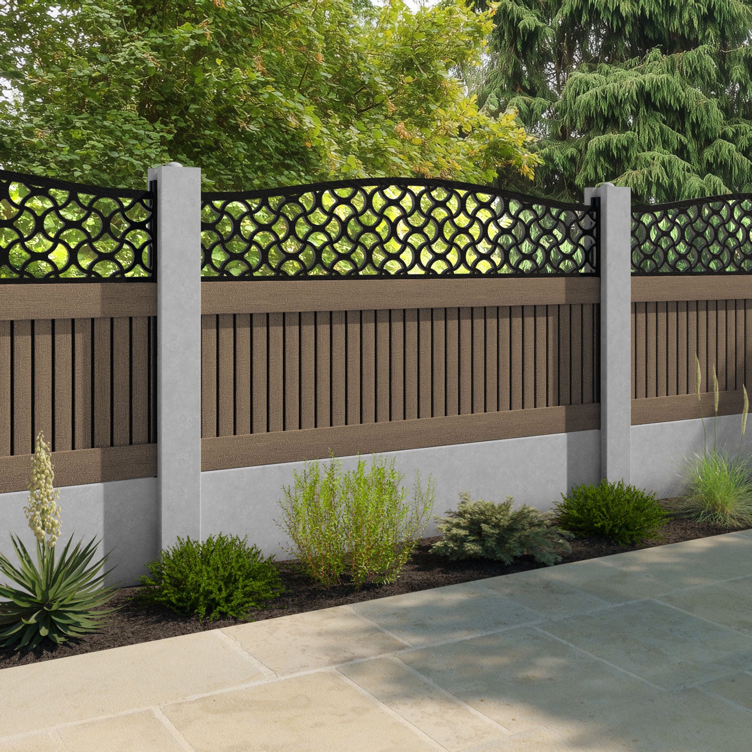 Virtis Vida Curved Top Fence Panel - Teak - for existing concrete posts