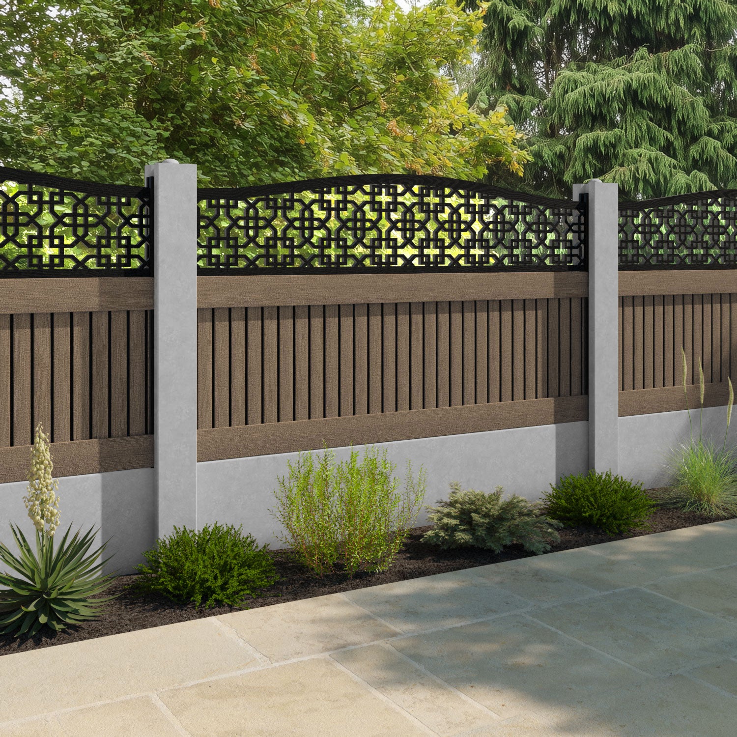 Virtis Zaria Curved Top Fence Panel - Teak - for existing concrete posts