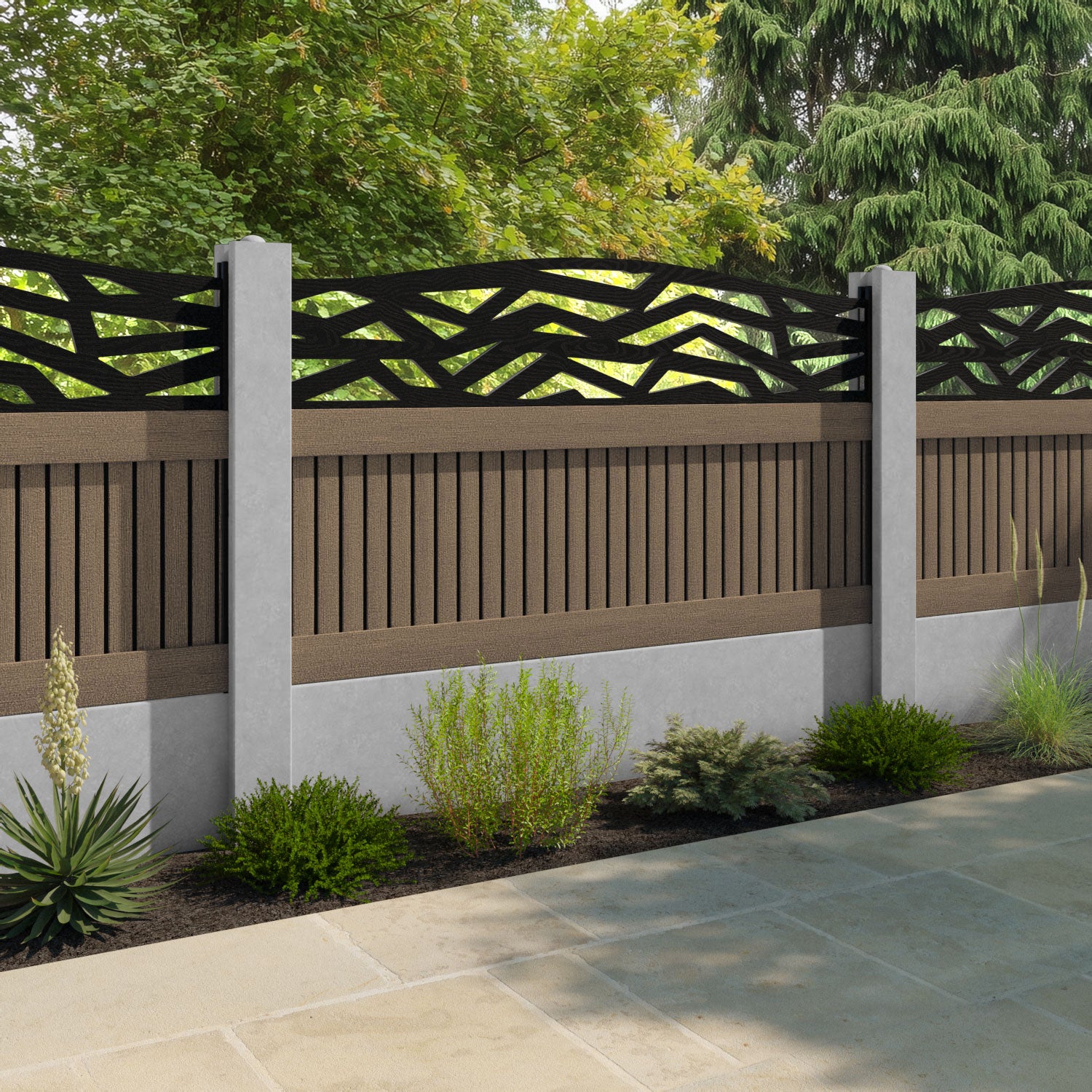 Virtis Zenith Curved Top Fence Panel - Teak - for existing concrete posts