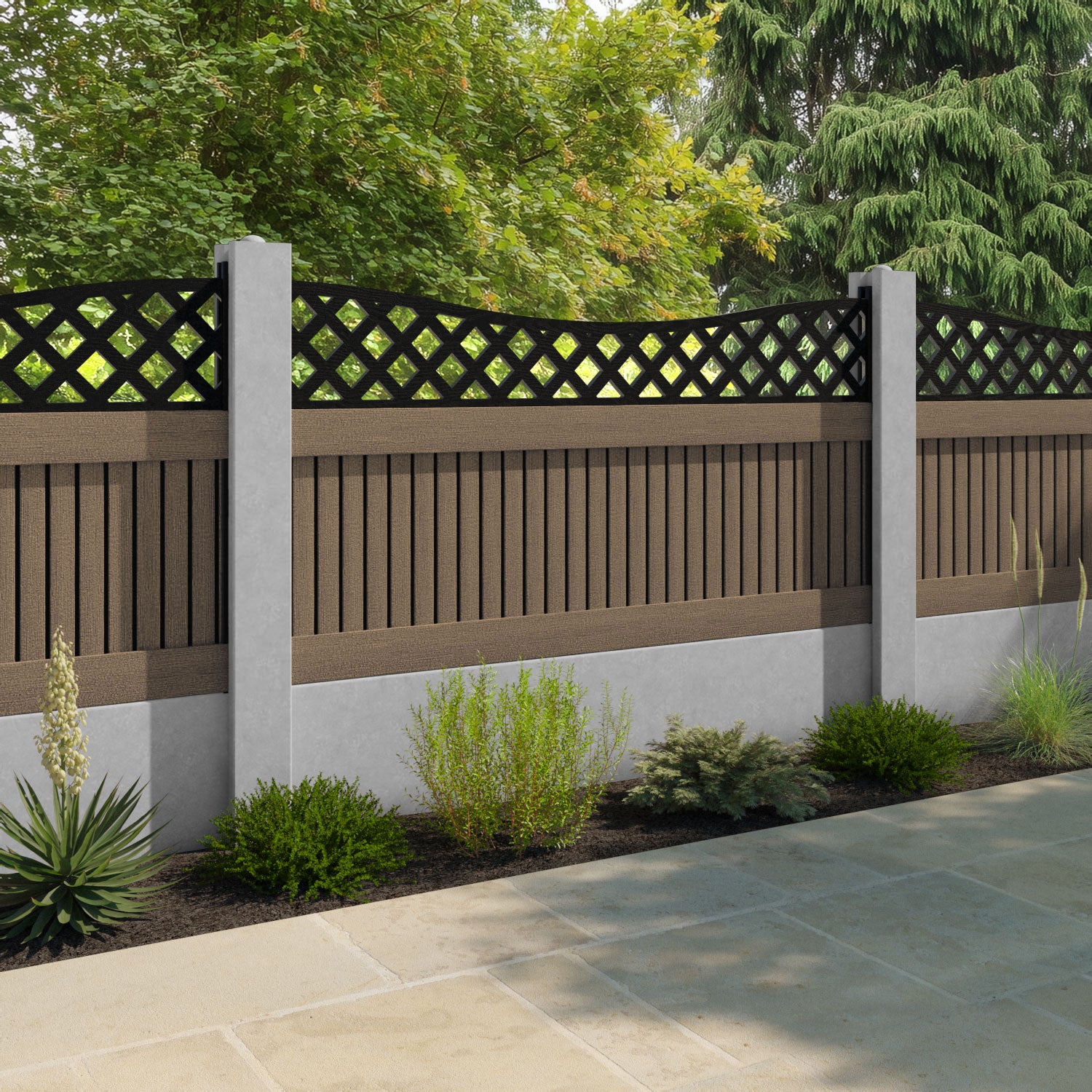 Virtis Low Wave Fence Panel - Teak - for existing concrete posts