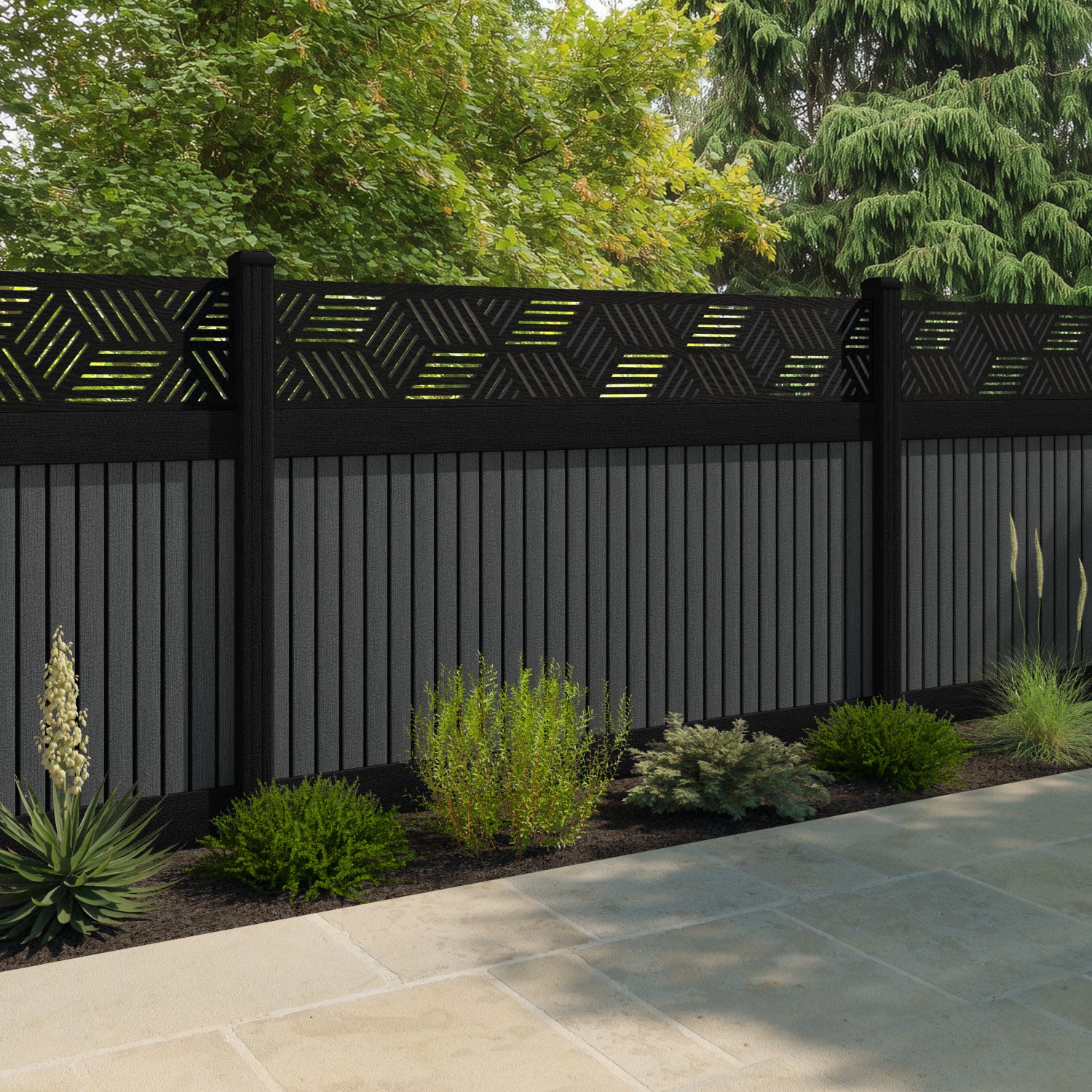 Virtis Cubed Fence Panel - Dark Grey - with our aluminium posts