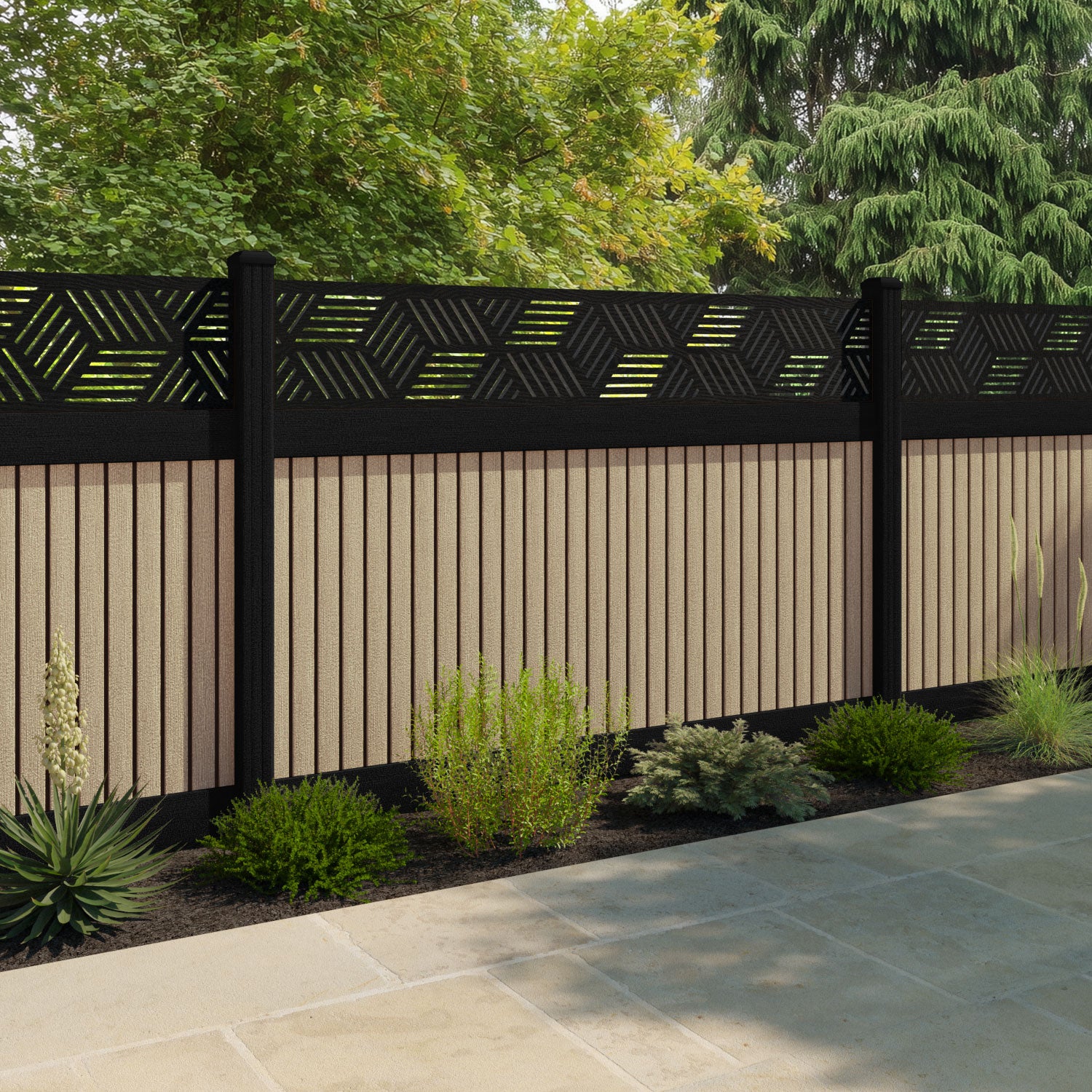 Virtis Cubed Fence Panel - Light Oak - with our aluminium posts