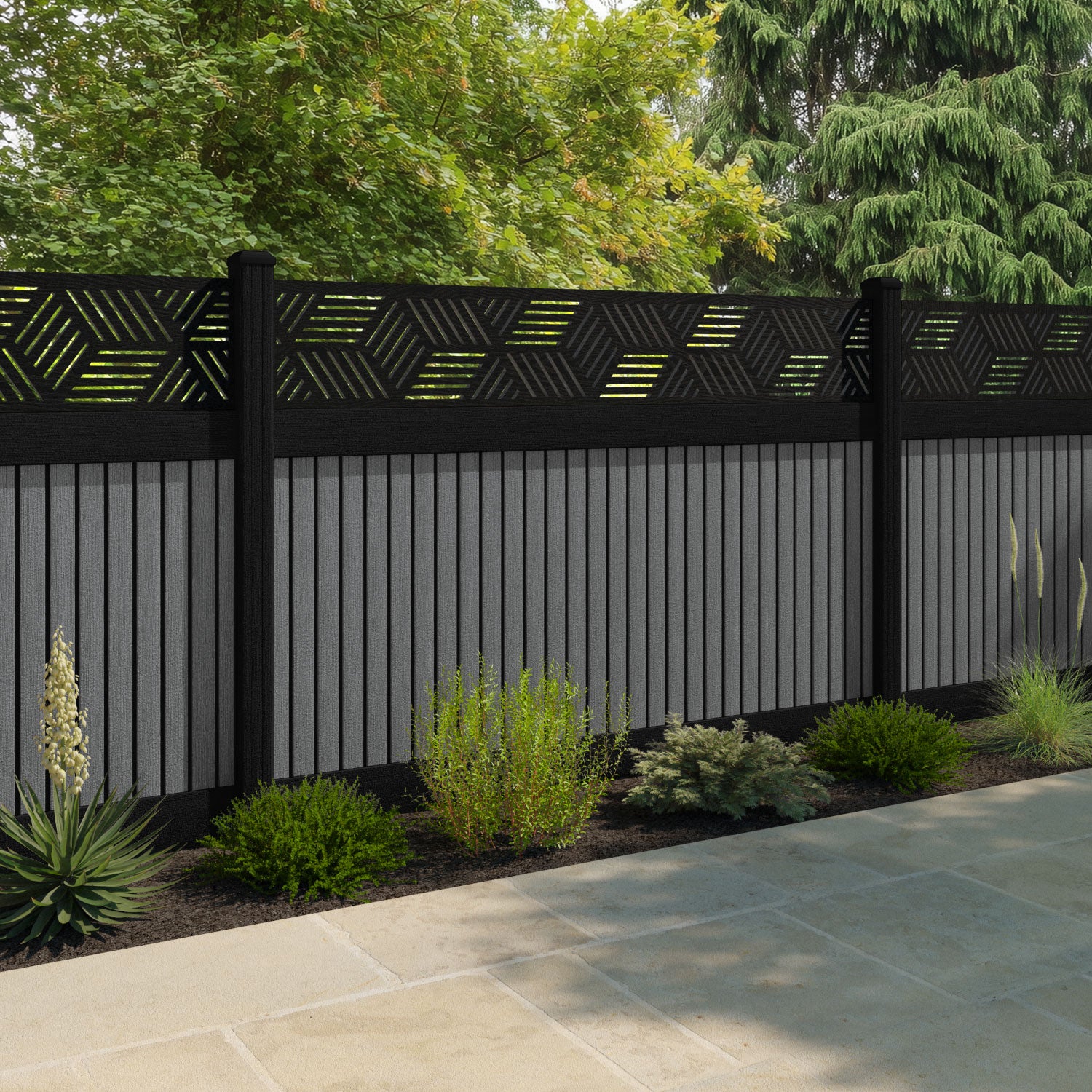 Virtis Cubed Fence Panel - Mid Grey - with our aluminium posts