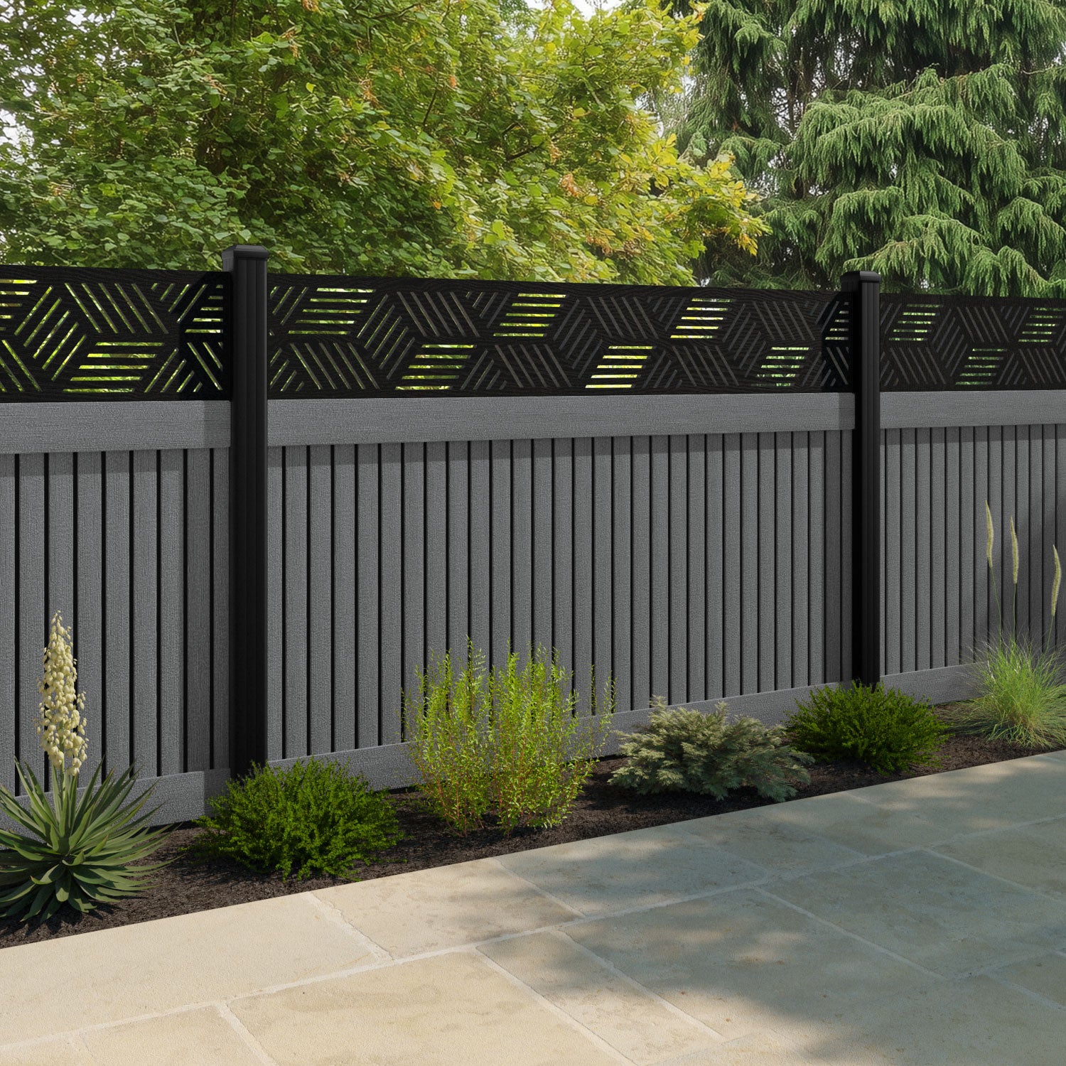 Virtis Cubed Fence Panel - Mid Grey - with our composite posts