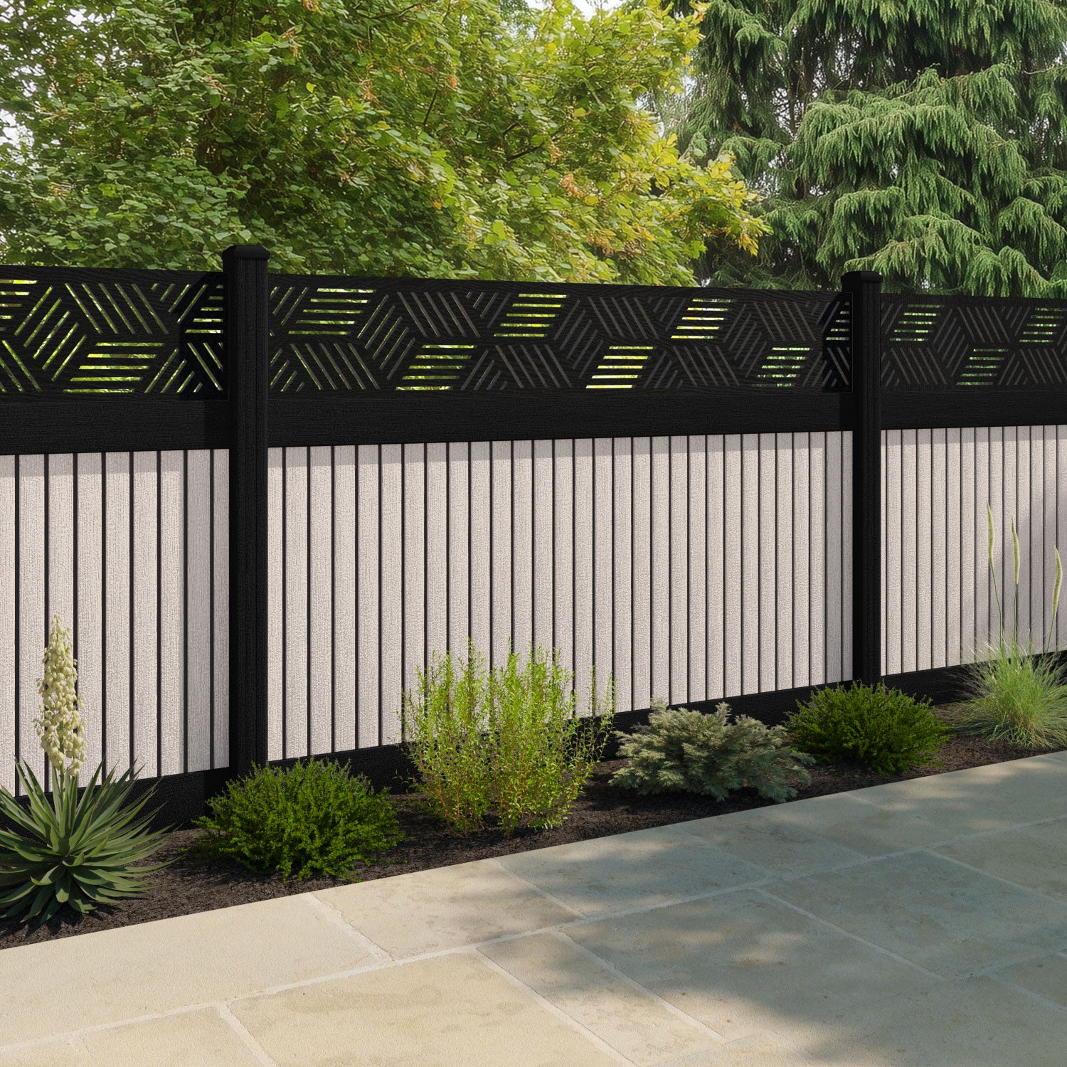 Virtis Cubed Fence Panel - Mid Stone - with our composite posts
