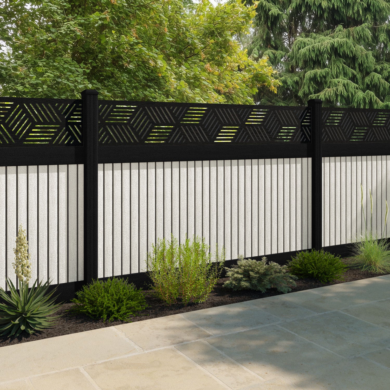 Virtis Cubed Fence Panel - Light Stone - with our composite posts
