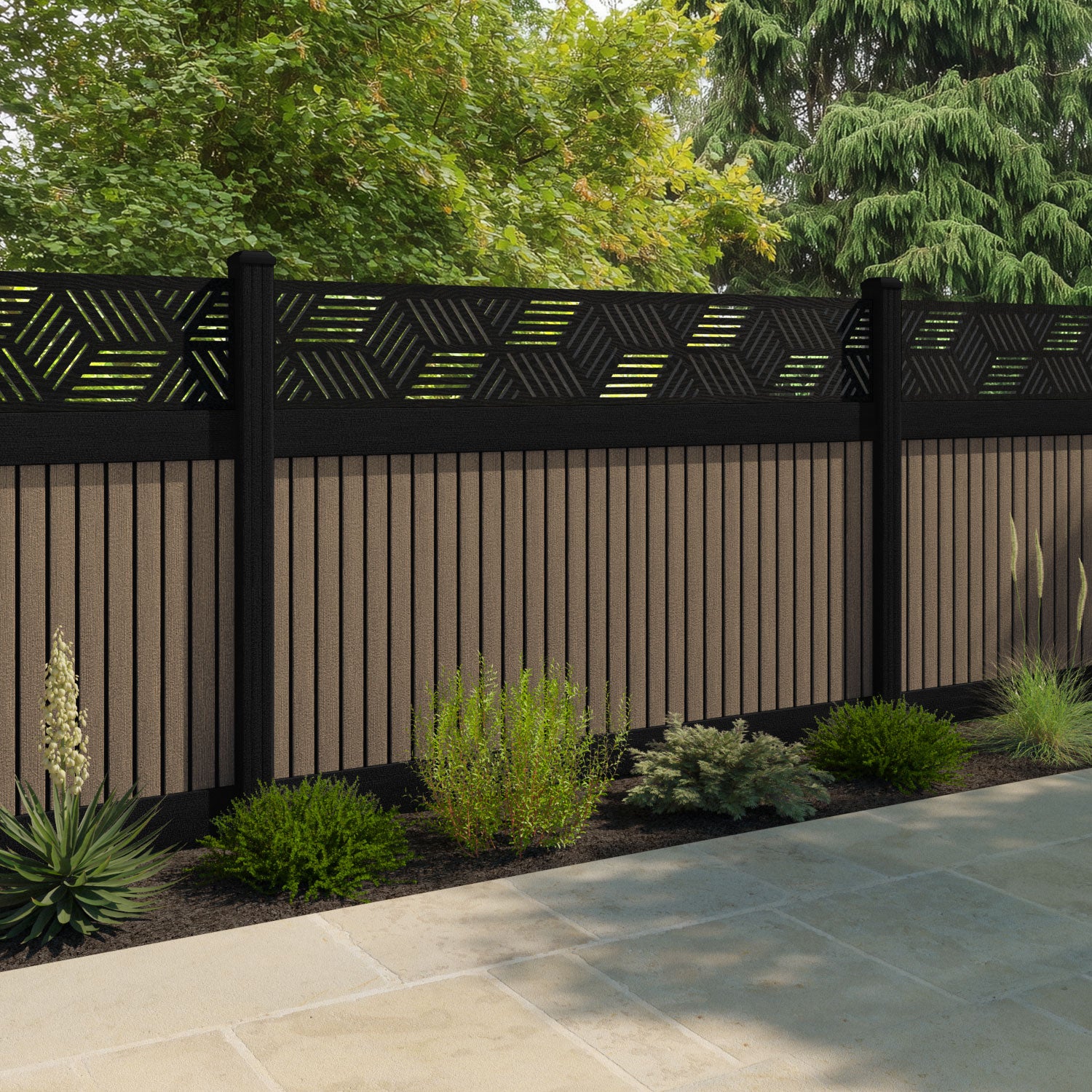 Virtis Cubed Fence Panel - Teak - with our aluminium posts