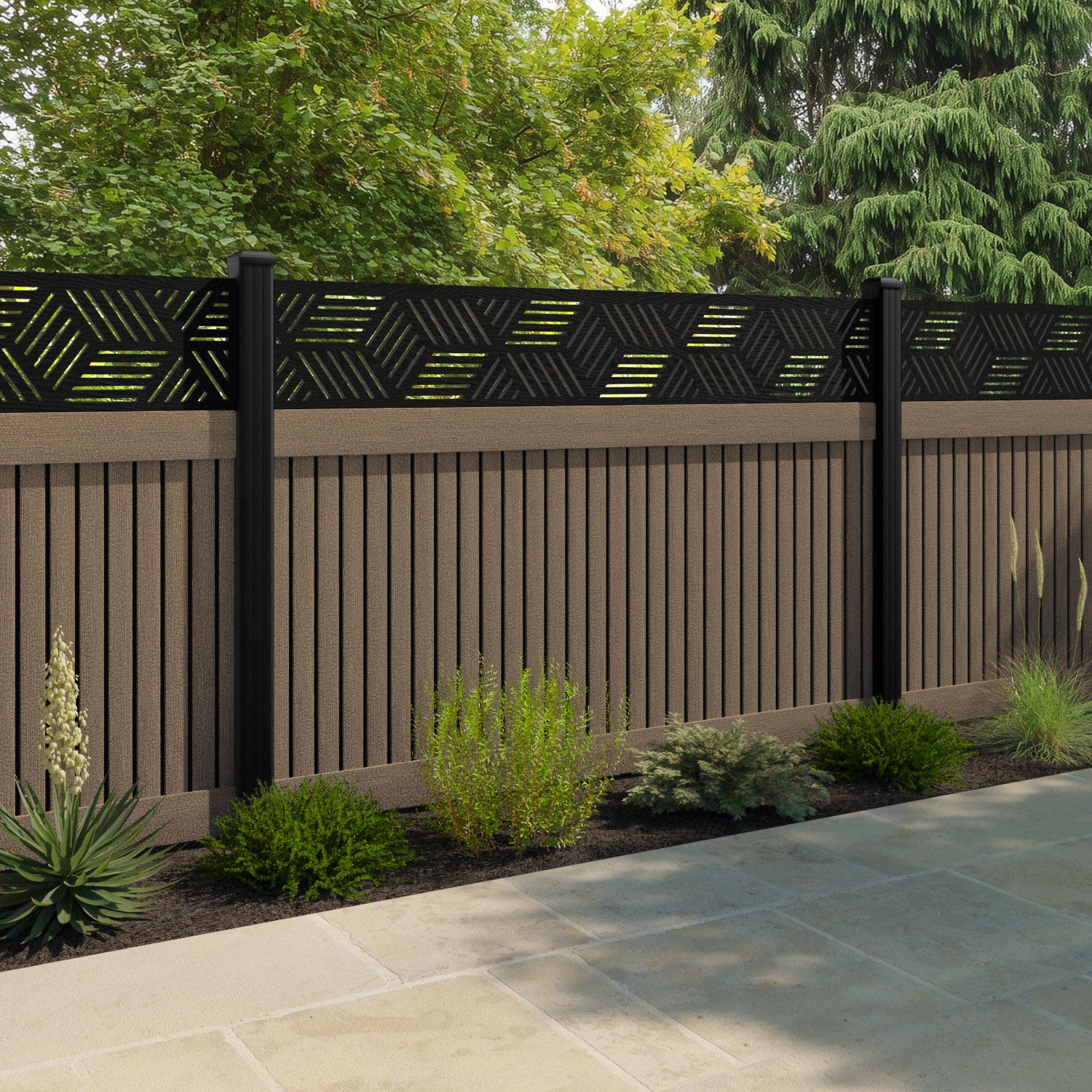Virtis Cubed Fence Panel - Teak - with our aluminium posts
