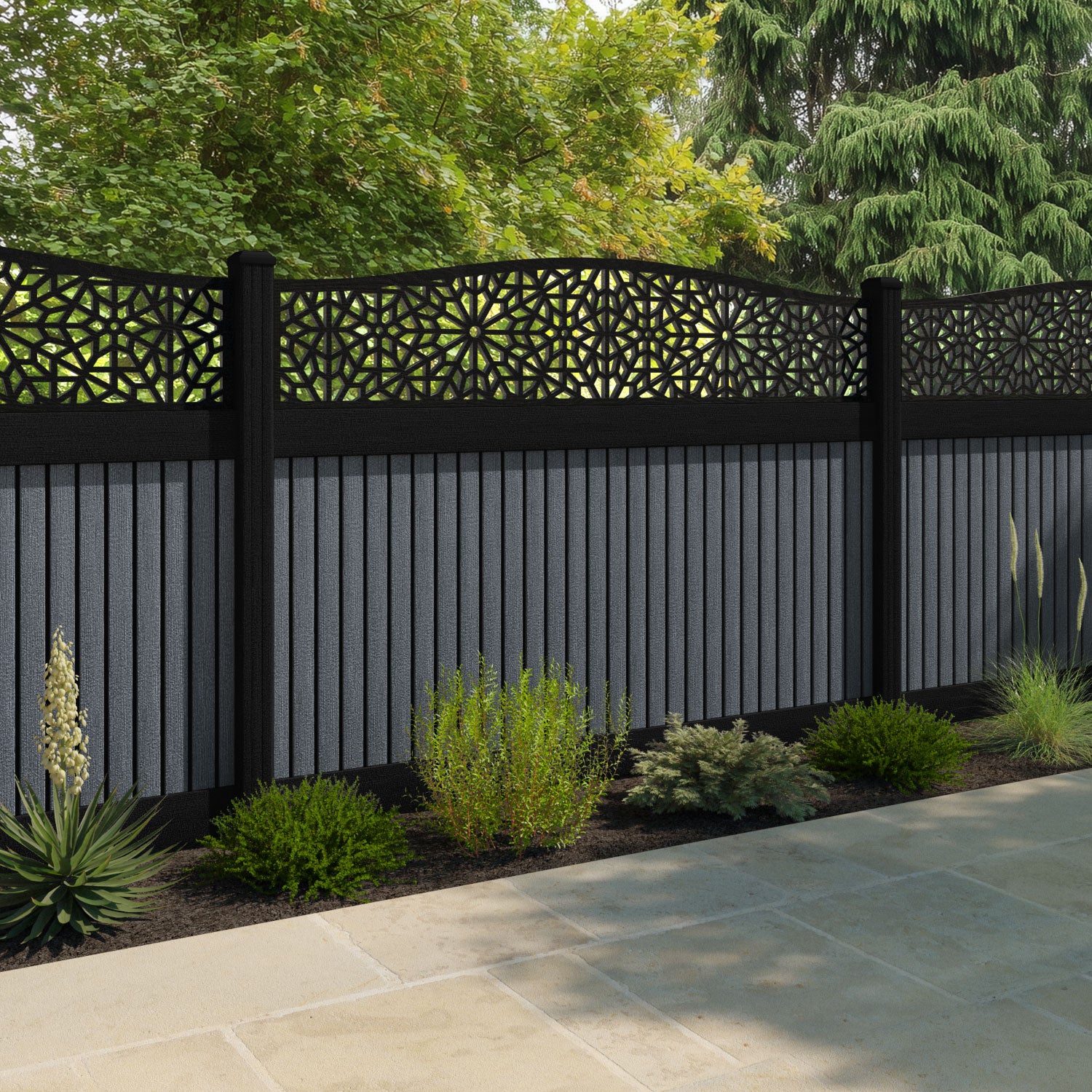 Virtis Alnara Curved Top Fence Panel - Anthracite - with our composite posts