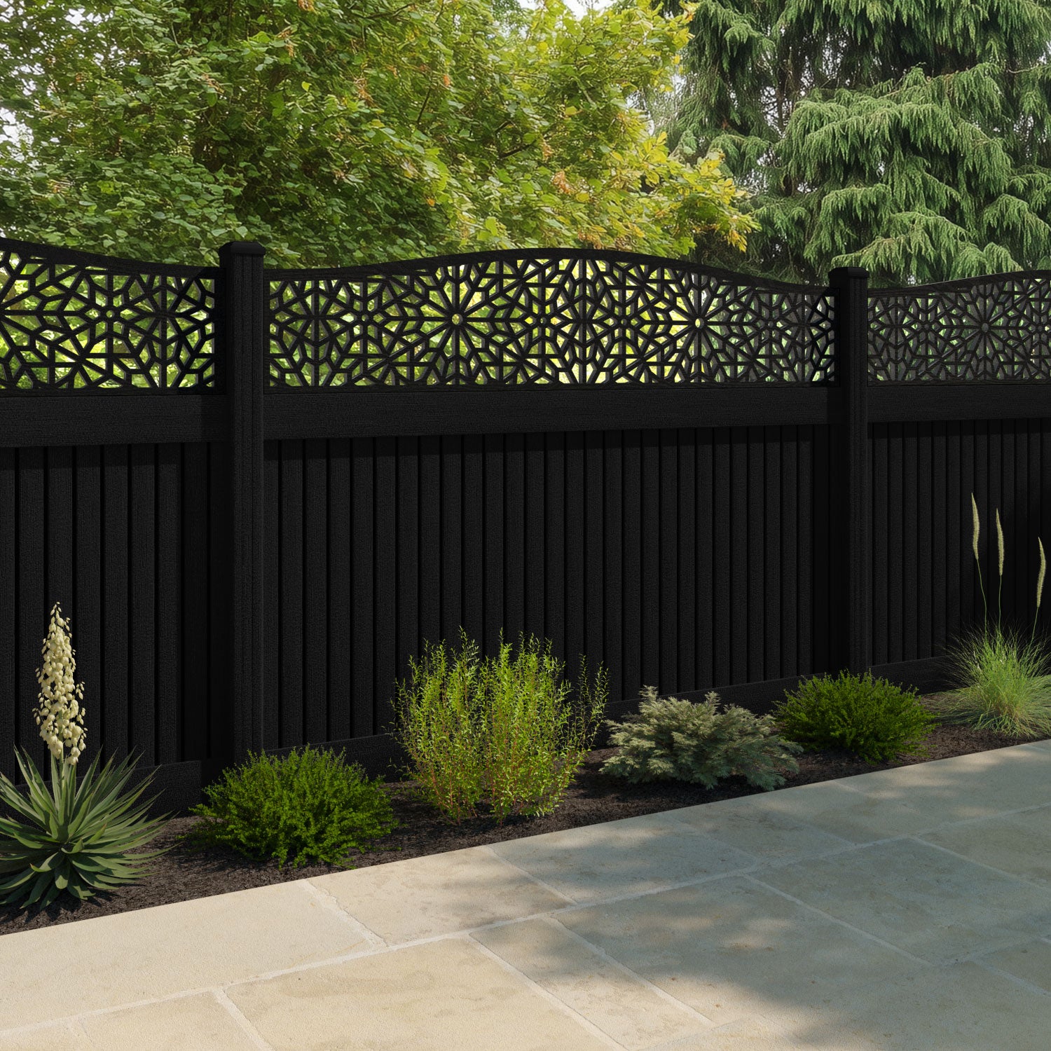 Virtis Alnara Curved Top Fence Panel - Black - with our composite posts