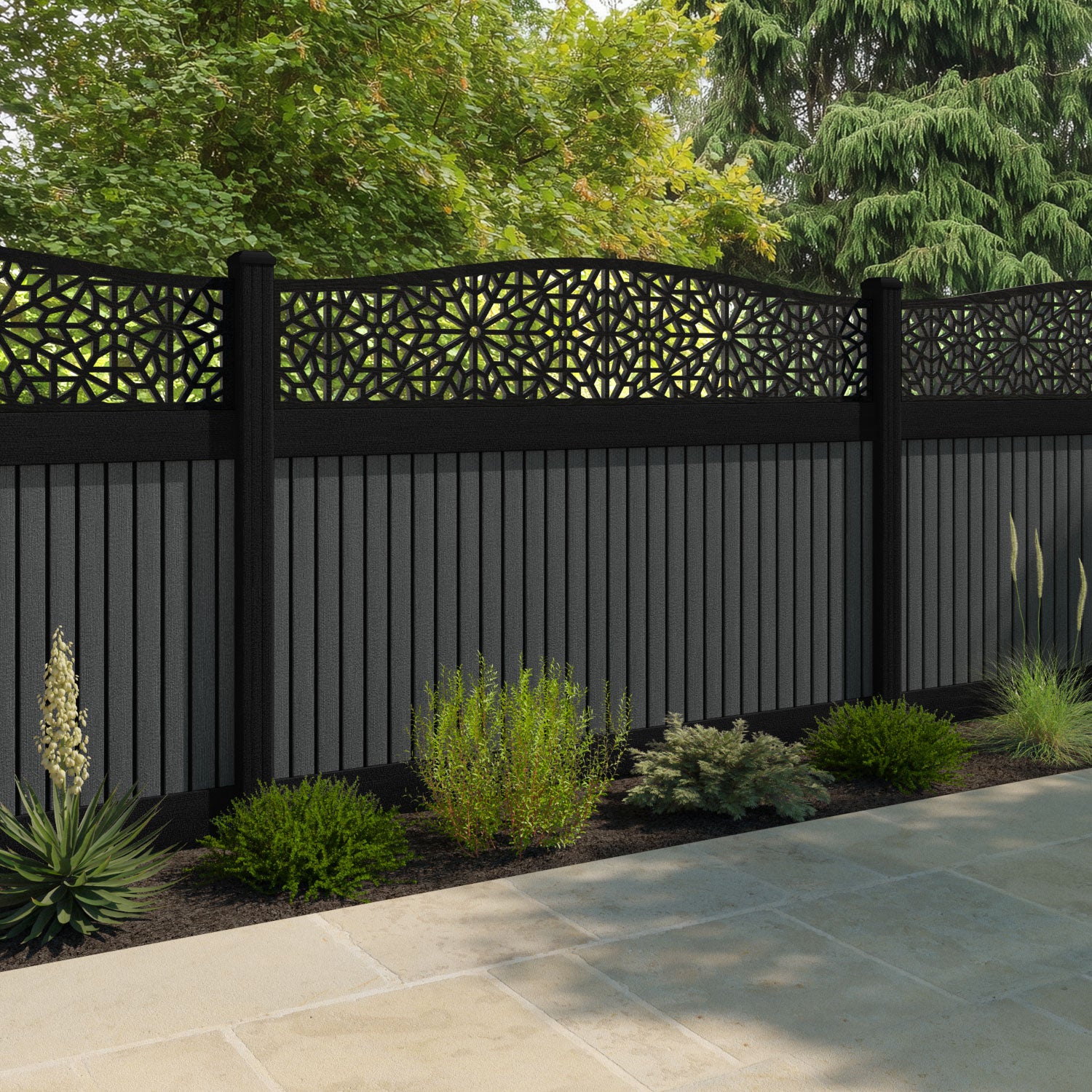 Virtis Alnara Curved Top Fence Panel - Dark Grey - with our composite posts