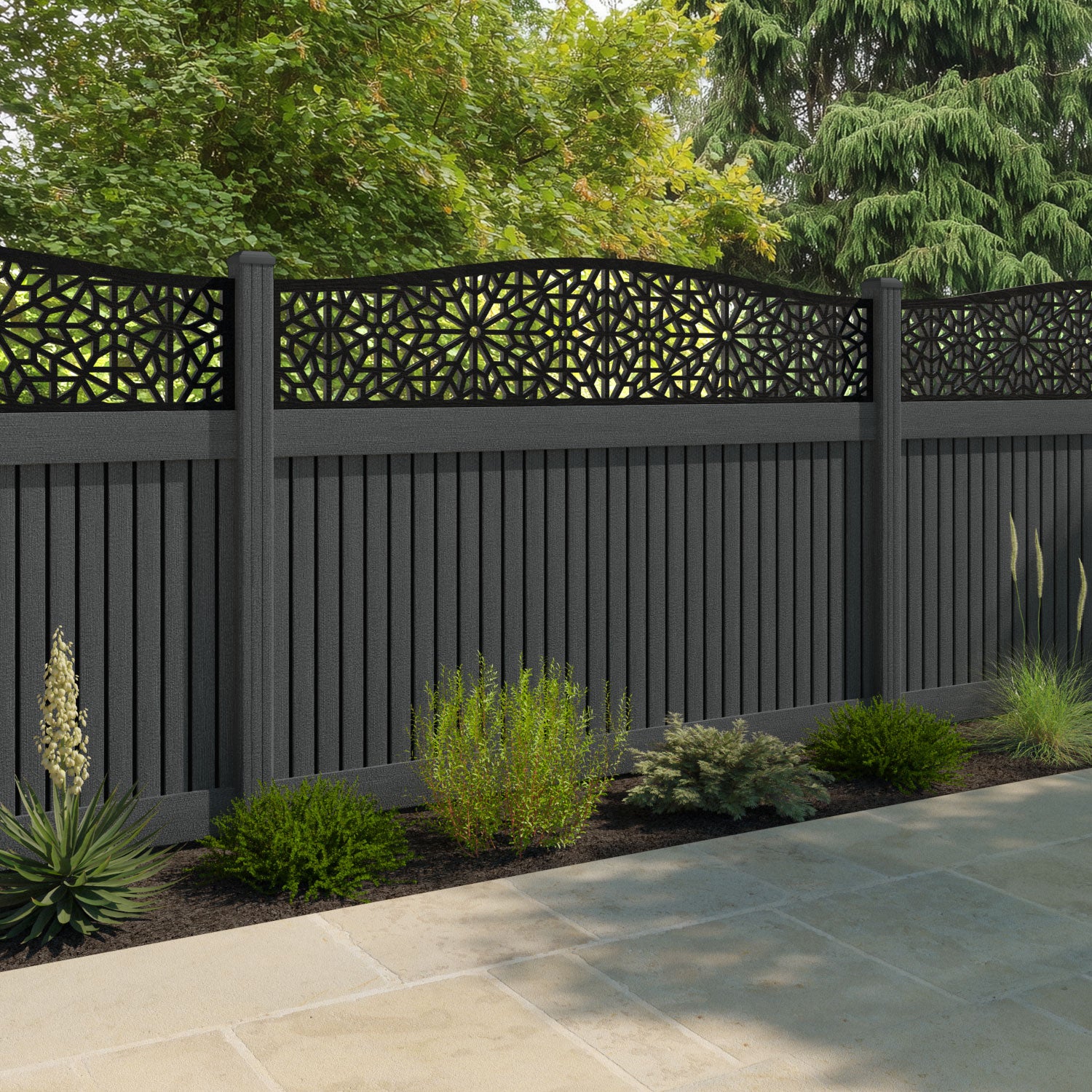 Virtis Alnara Curved Top Fence Panel - Dark Grey - with our composite posts
