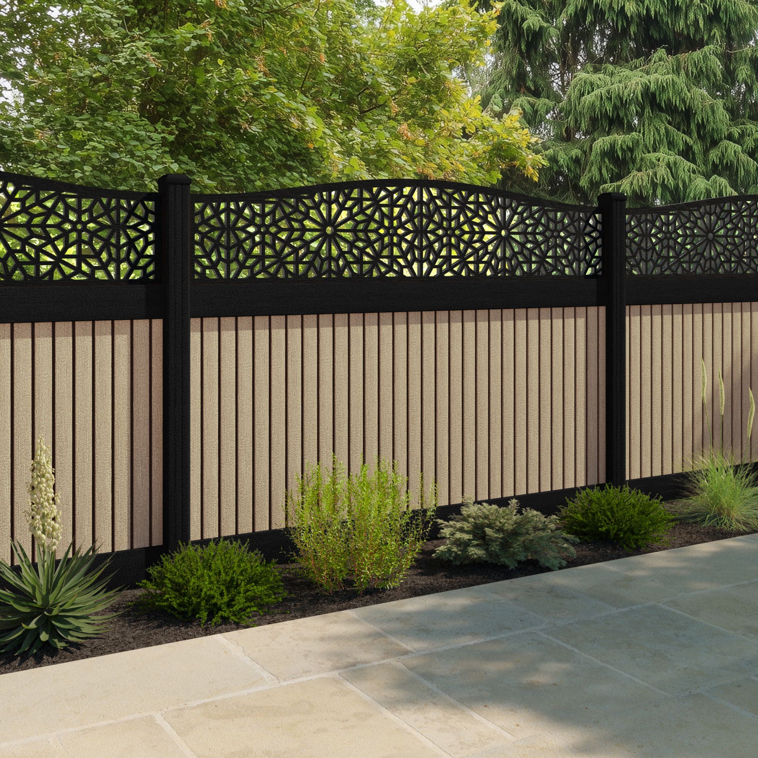 Virtis Alnara Curved Top Fence Panel - Light Oak - with our aluminium posts