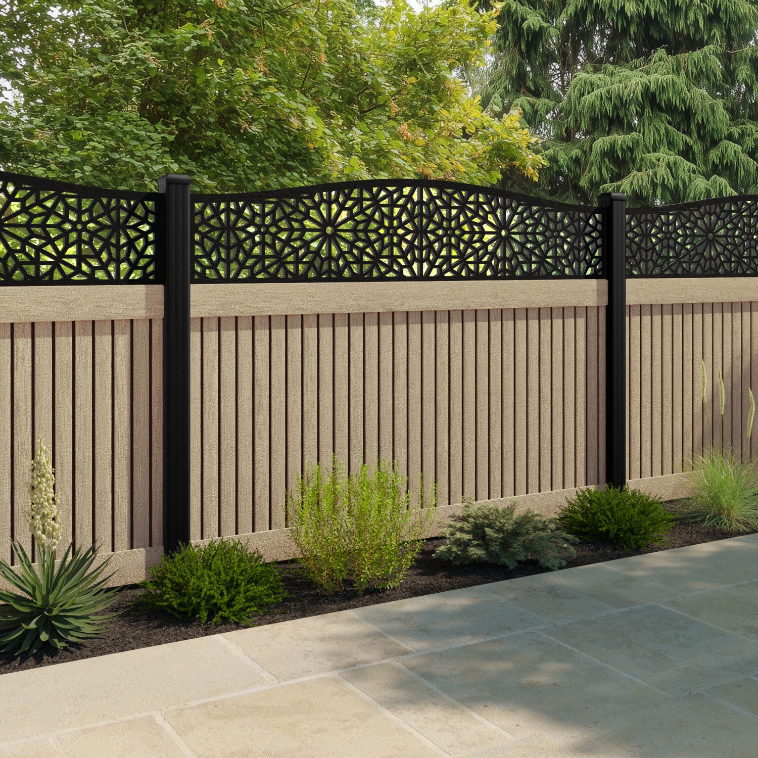 Virtis Alnara Curved Top Fence Panel - Light Oak - with our aluminium posts