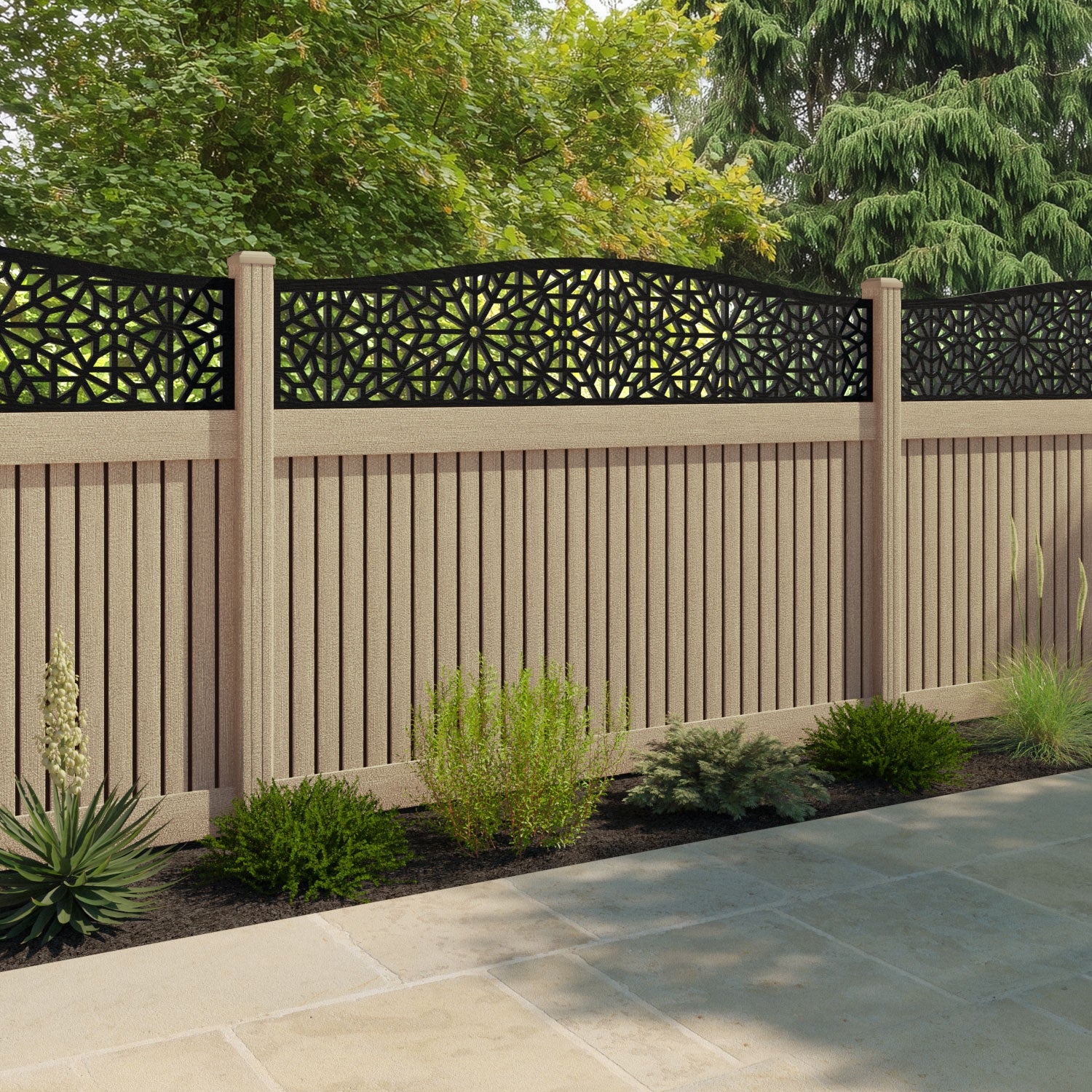 Virtis Alnara Curved Top Fence Panel - Light Oak - with our composite posts