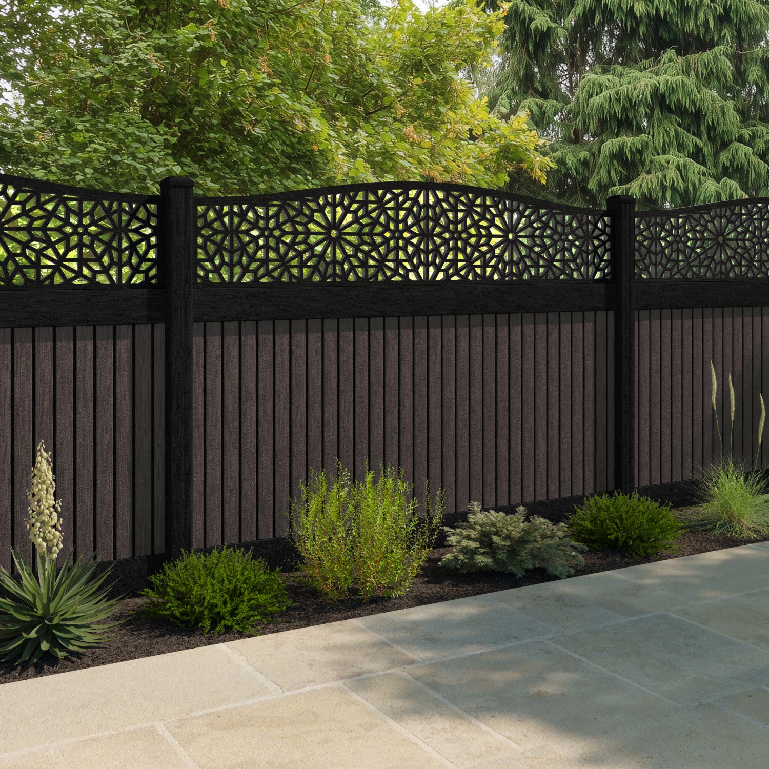 Virtis Alnara Curved Top Fence Panel - Mid Brown - with our composite posts