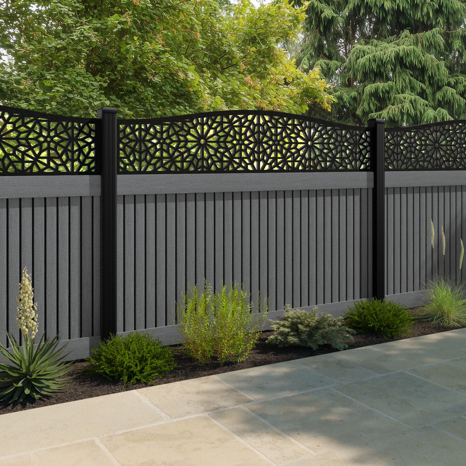 Virtis Alnara Curved Top Fence Panel - Mid Grey - with our composite posts