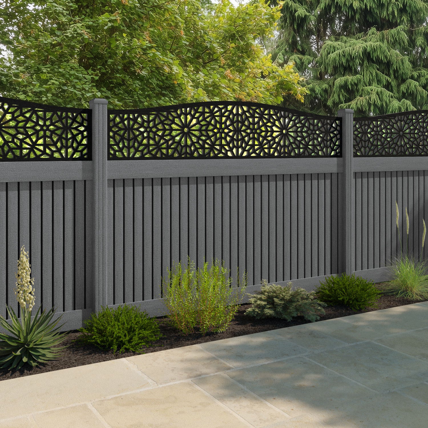 Virtis Alnara Curved Top Fence Panel - Mid Grey - with our composite posts