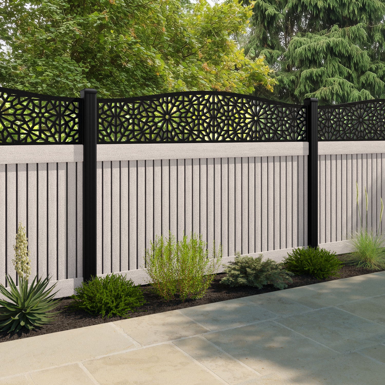 Virtis Alnara Curved Top Fence Panel - Mid Stone - with our composite posts