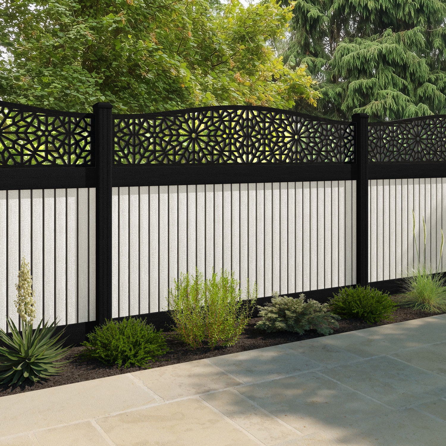 Virtis Alnara Curved Top Fence Panel - Light Stone - with our composite posts