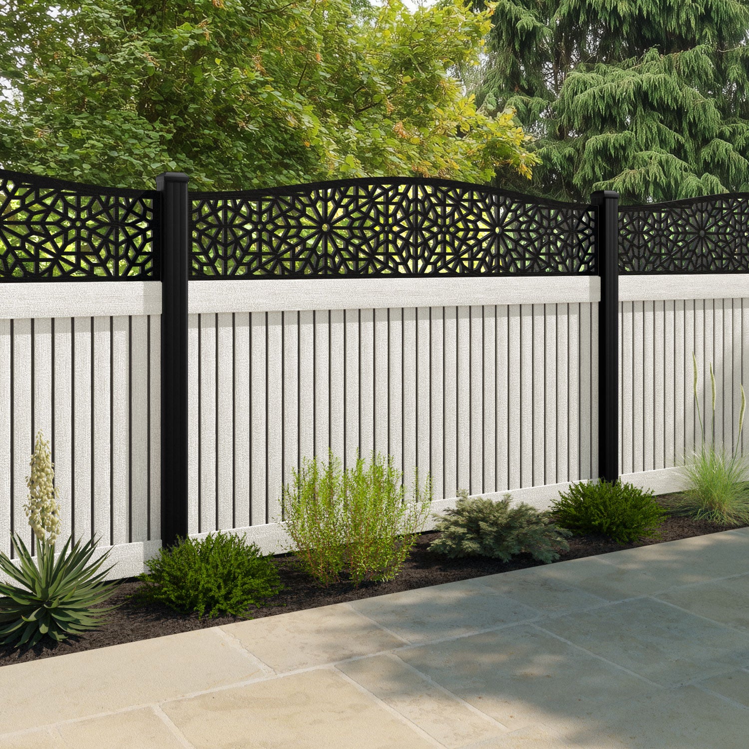 Virtis Alnara Curved Top Fence Panel - Light Stone - with our composite posts
