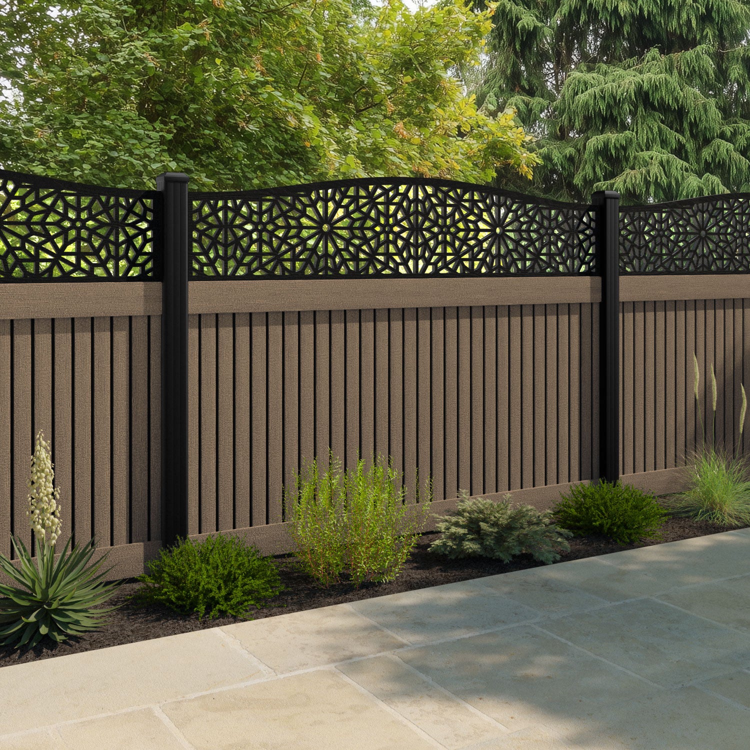 Virtis Alnara Curved Top Fence Panel - Teak - with our aluminium posts
