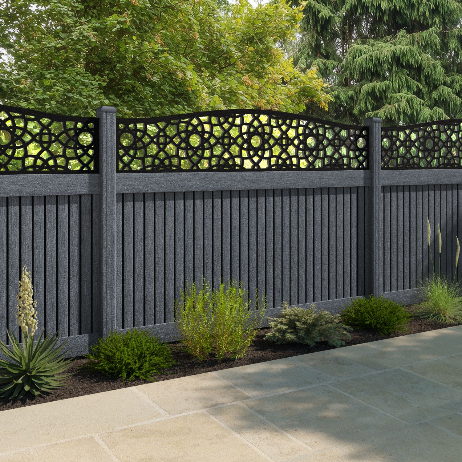 Virtis Ambar Curved Top Fence Panel - Anthracite - with our composite posts
