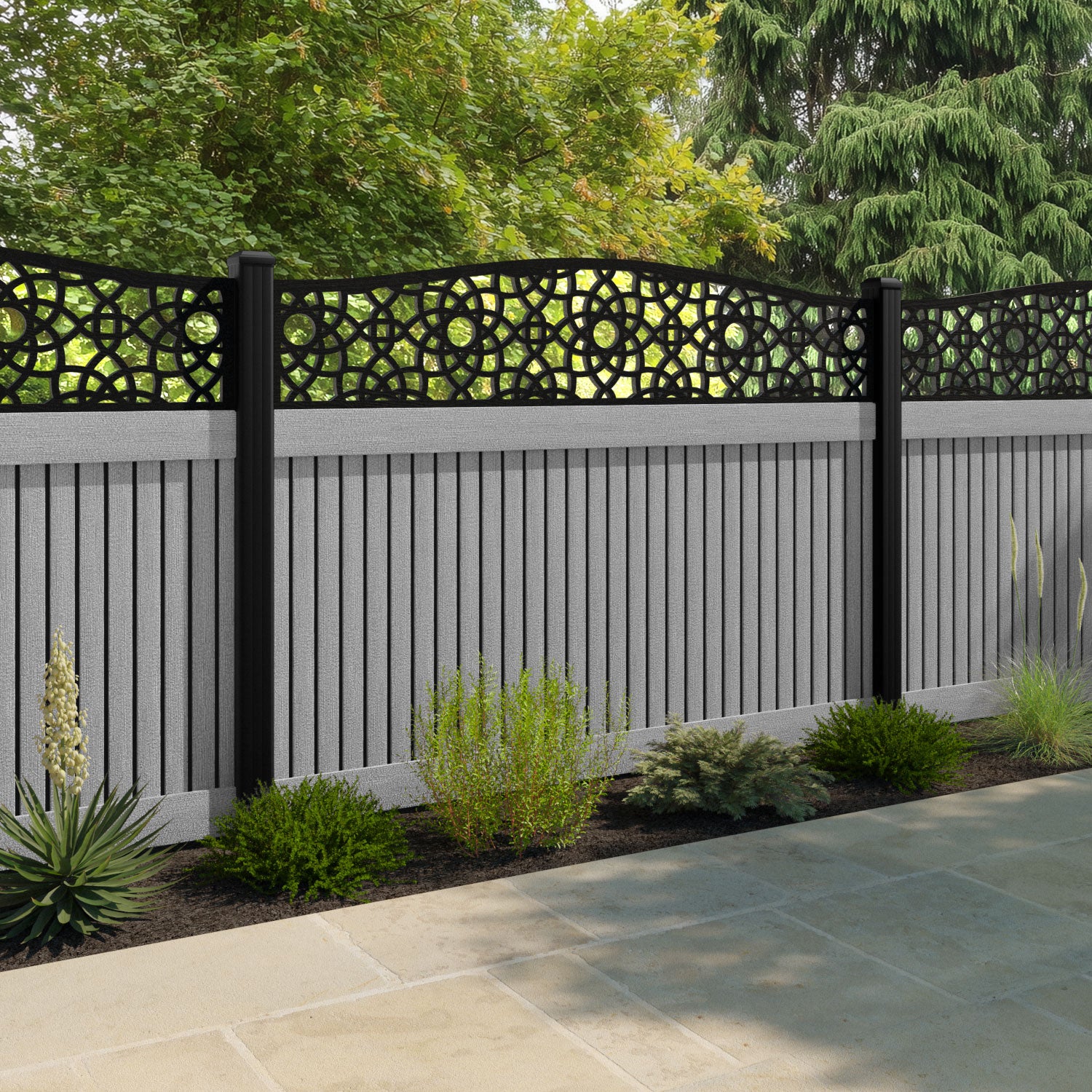 Virtis Ambar Curved Top Fence Panel - Light Grey - with our aluminium posts