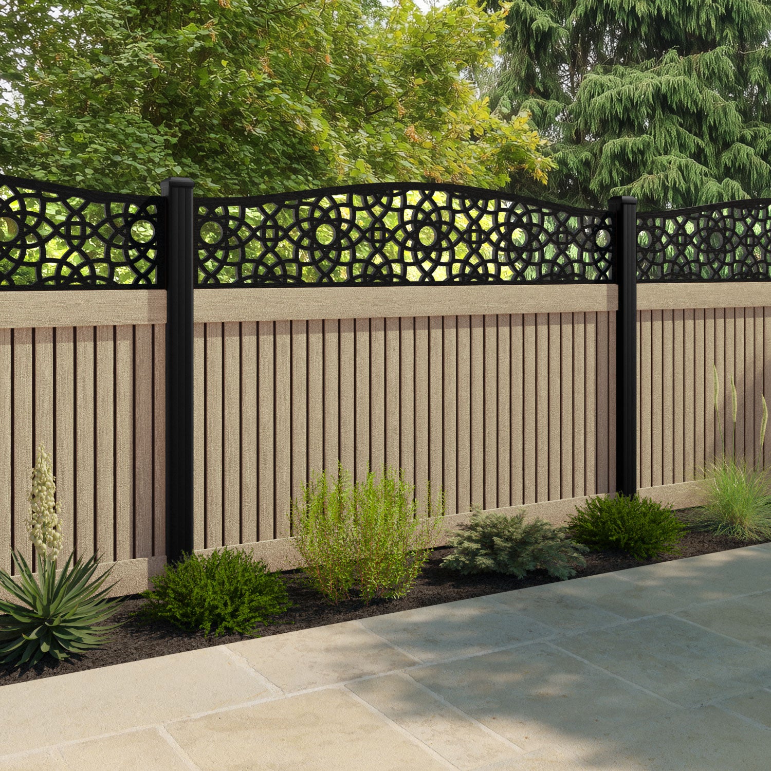 Virtis Ambar Curved Top Fence Panel - Light Oak - with our aluminium posts