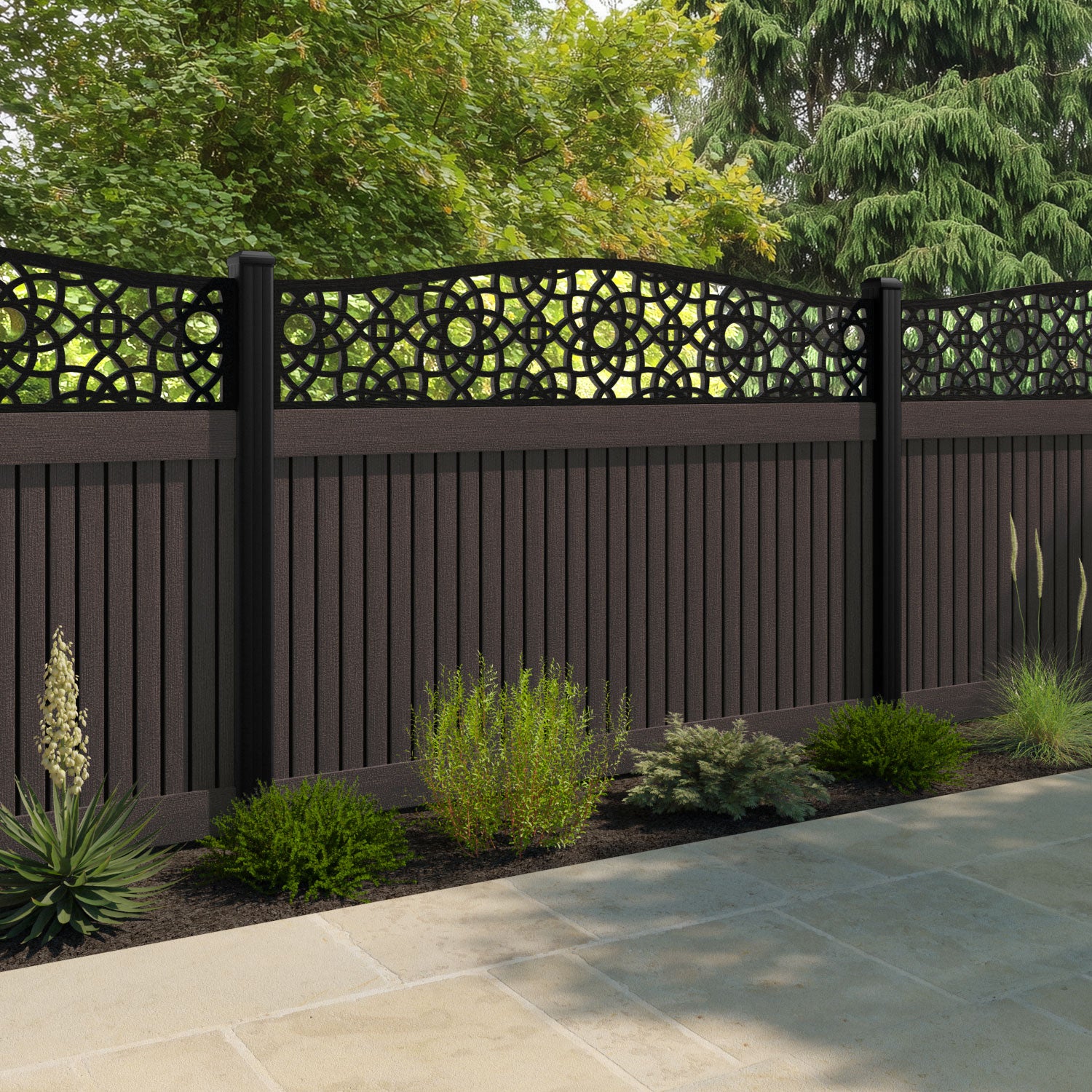 Virtis Ambar Curved Top Fence Panel - Mid Brown - with our aluminium posts